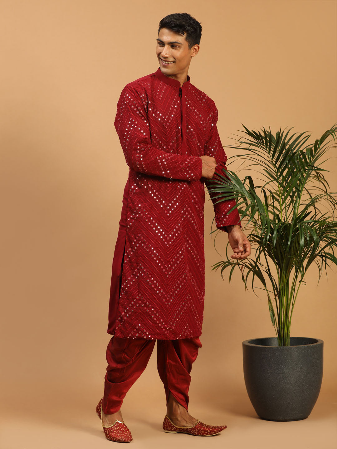 Men's Maroon Mirror Kurta Dhoti Set