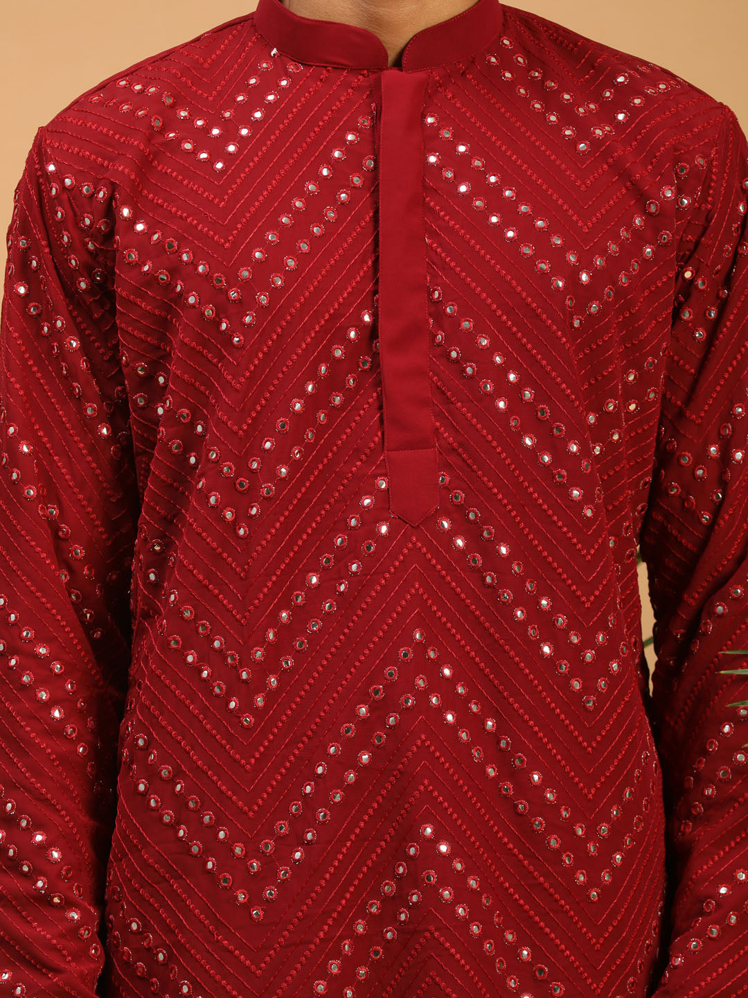 Men's Maroon Mirror Kurta Dhoti Set