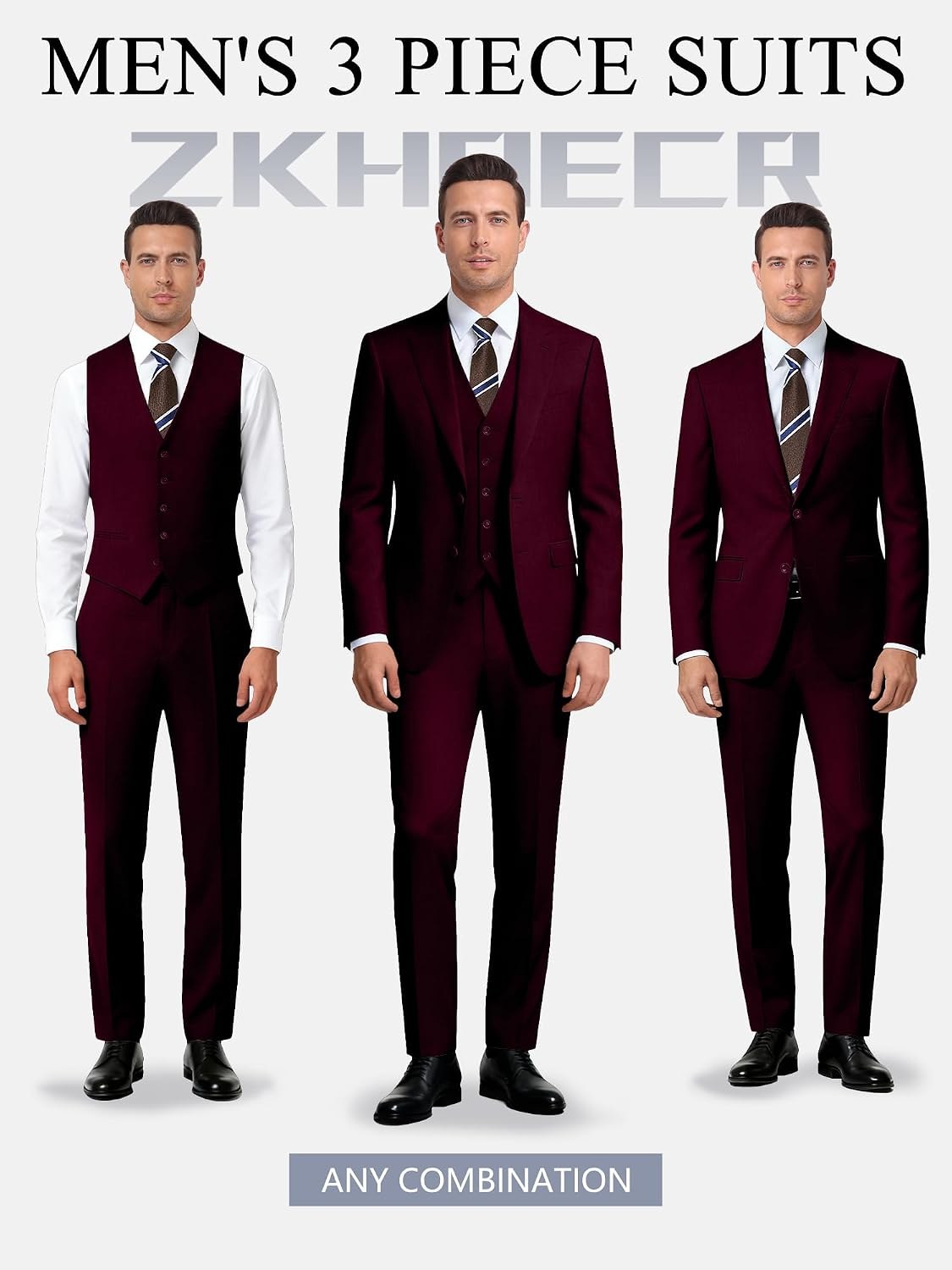 Men's 3 Piece Slim Fit Suit Set, Jacket Vest and Pants for Men
