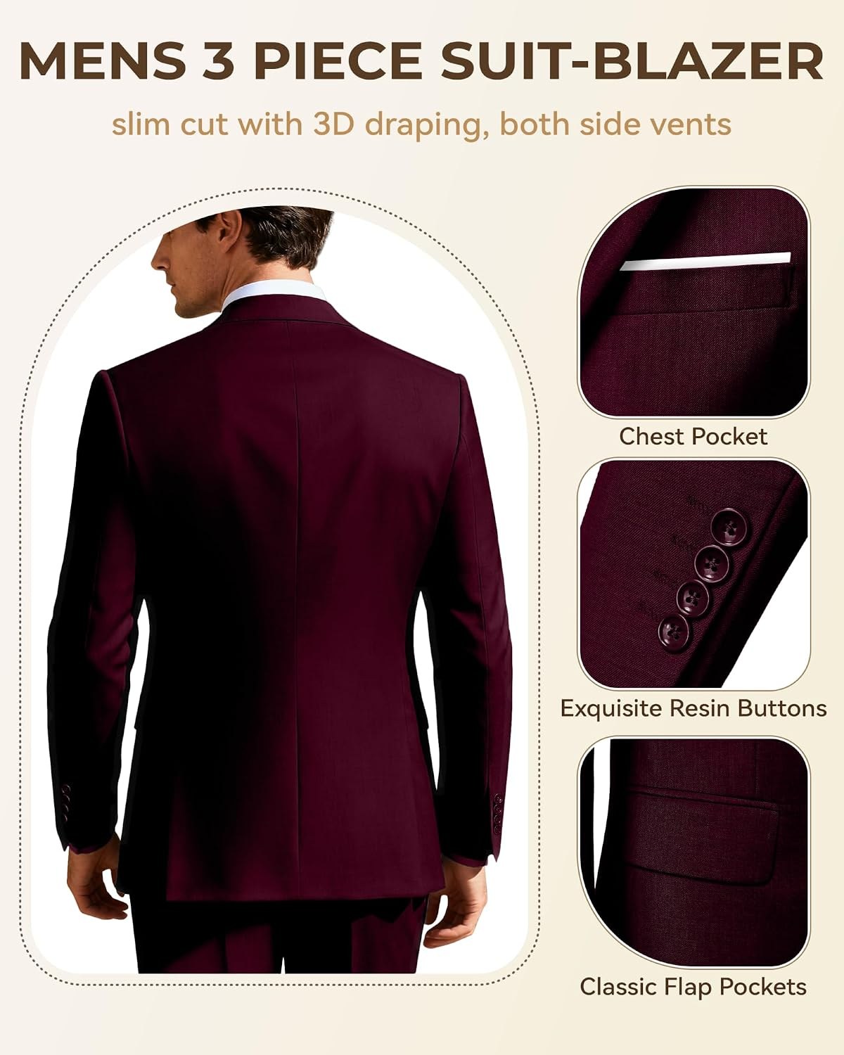 Men's 3 Piece Slim Fit Suit Set, Jacket Vest and Pants for Men