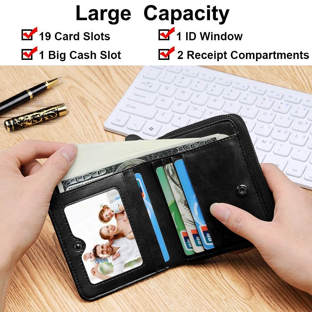 HUANLANG Men's RFID Blocking Leather Bifold Wallet, Black, 19 Card Slots, Zipper, Multi-Card Holder, Men's Wallet