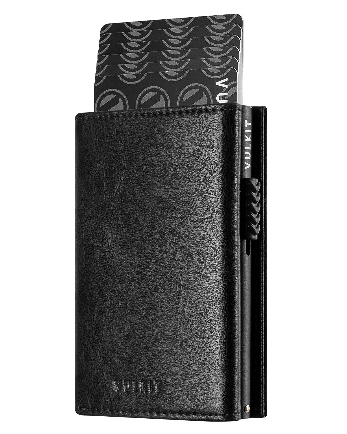 VULKIT Men's Leather Coin Pocket Magnetic Closure Pop Up Cards With ID Window Wallet for Cash & Credit Cards, Black, One Size, Contemporary
