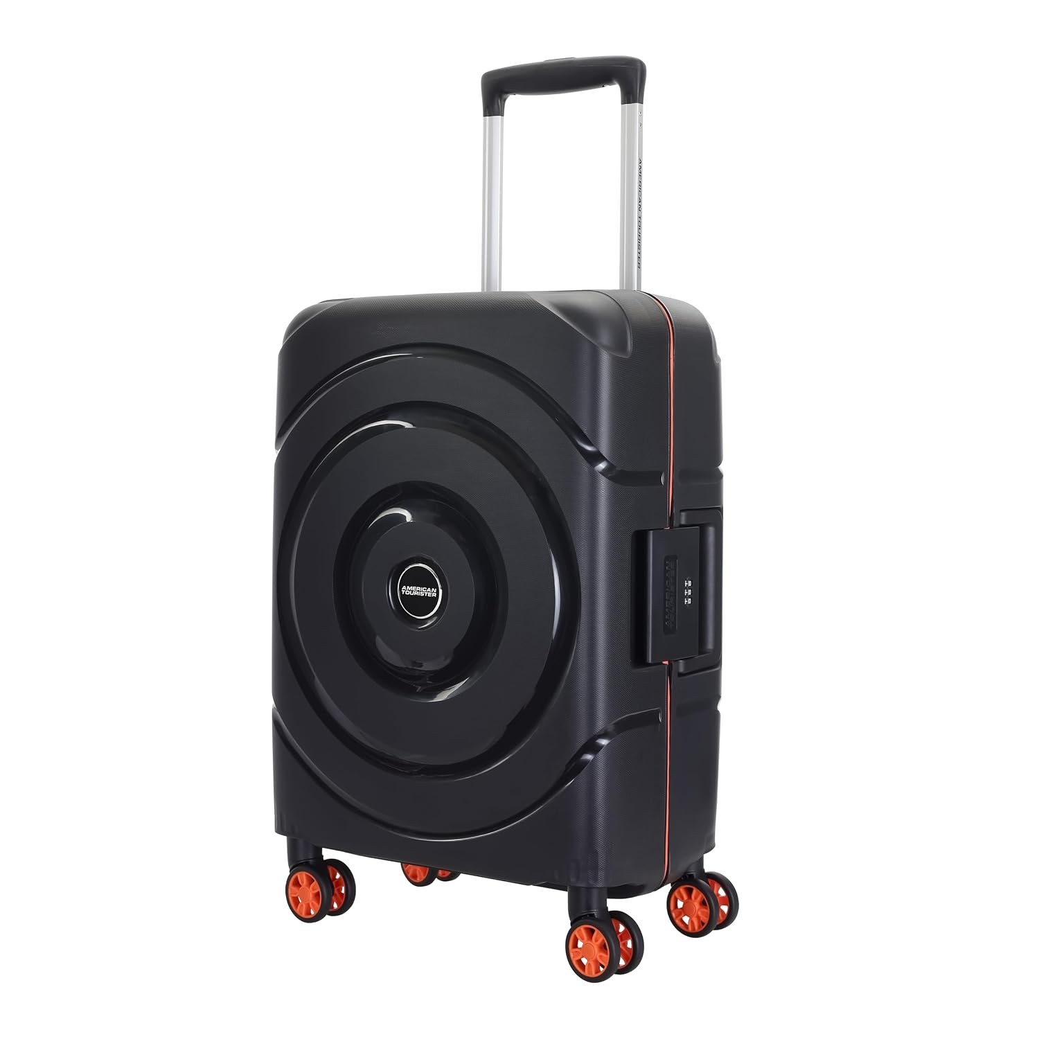 American Tourister Polycarbonate Material Circurity Max 55 cm Small Hardside Cabin Suitcase with Xtrasecu 3-Point Locking System & Double Spinner 8 Wheels for Unisex - Black