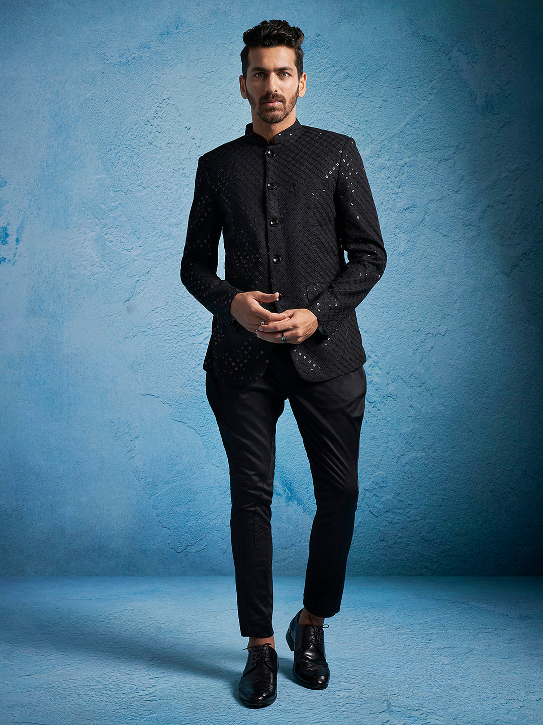 Men's Black Schiffli Jodhpuri Pant Set