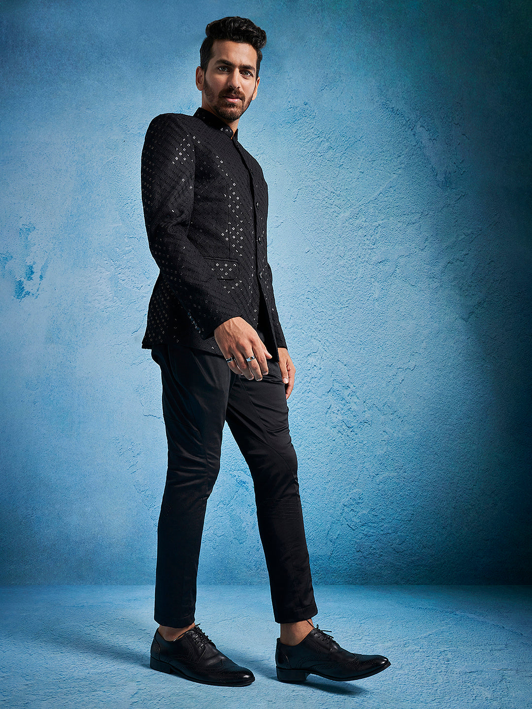 Men's Black Schiffli Jodhpuri Pant Set