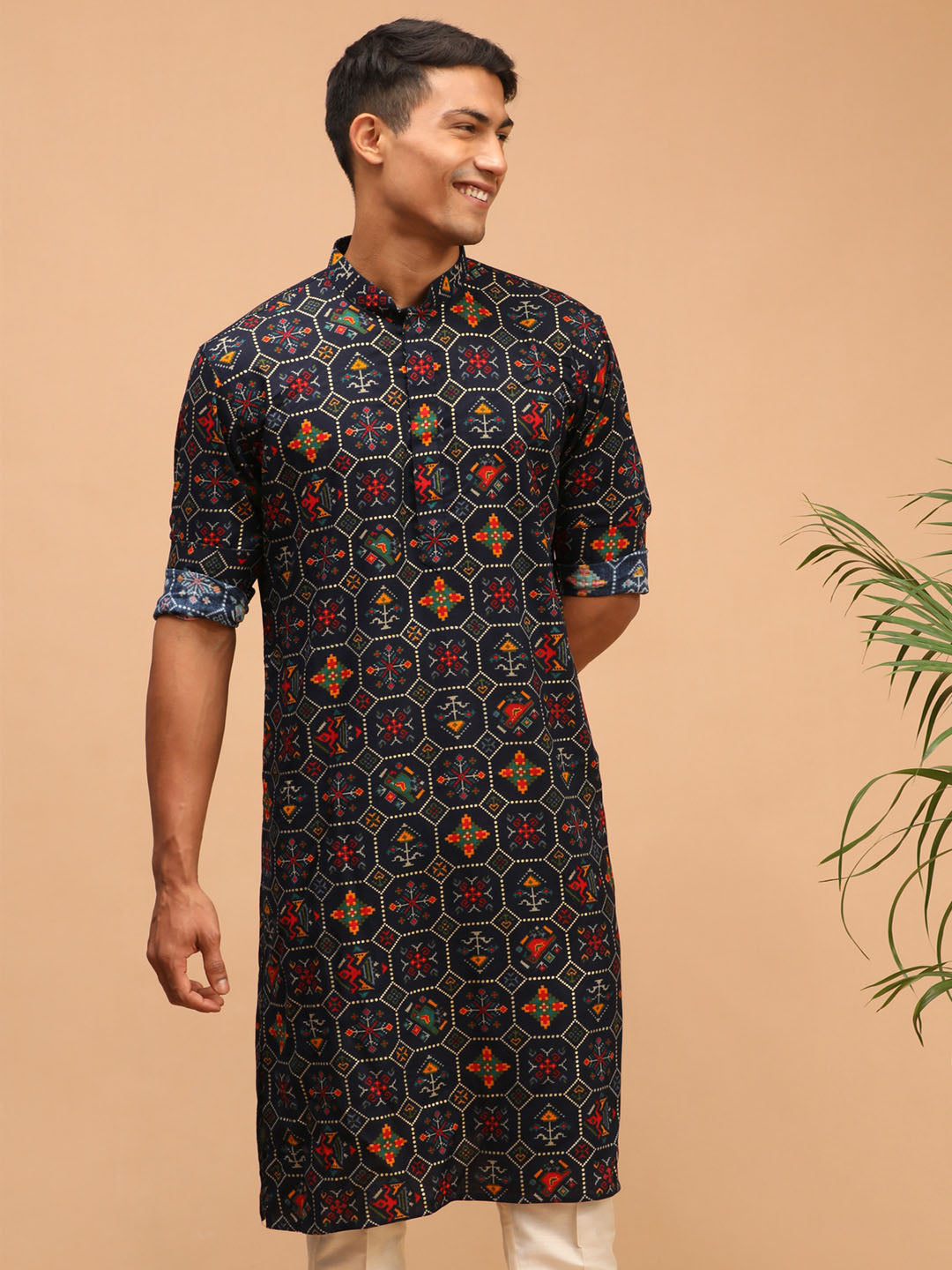 Men's Blue Cotton Blend Patola Kurta