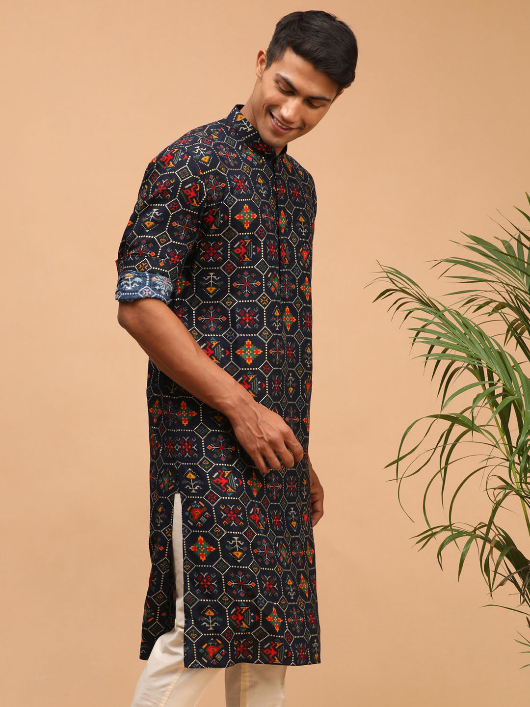 Men's Blue Cotton Blend Patola Kurta