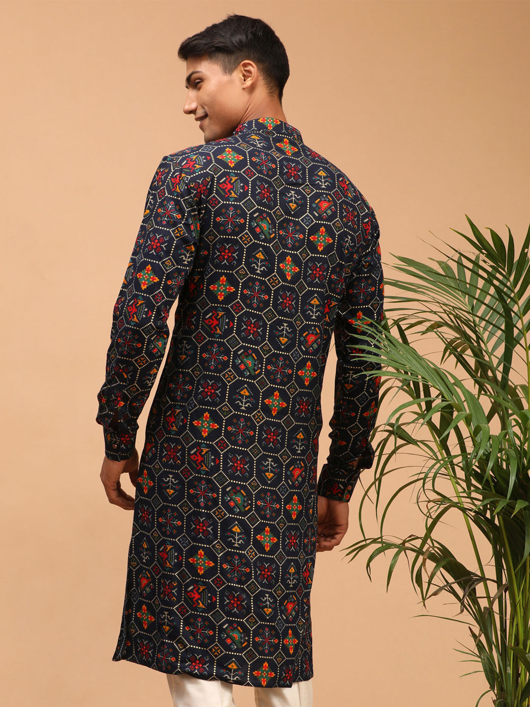 Men's Blue Cotton Blend Patola Kurta