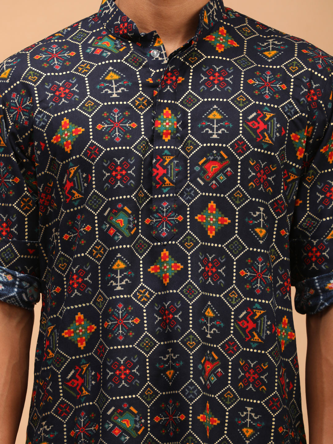 Men's Blue Cotton Blend Patola Kurta