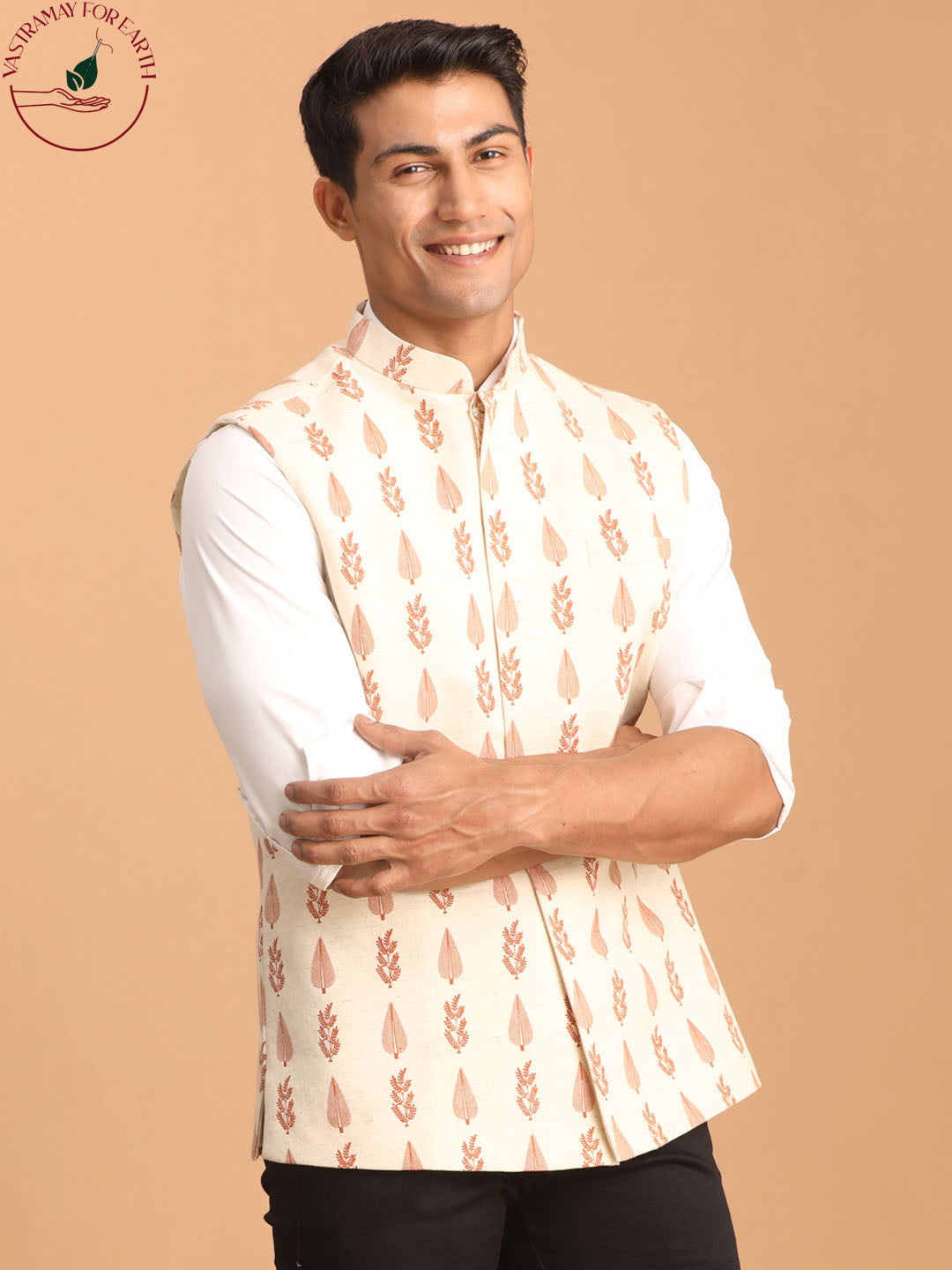 Men's Cream Block Print Cotton Nehru Jacket