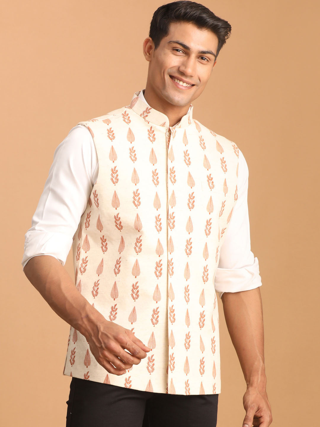 Men's Cream Block Print Cotton Nehru Jacket