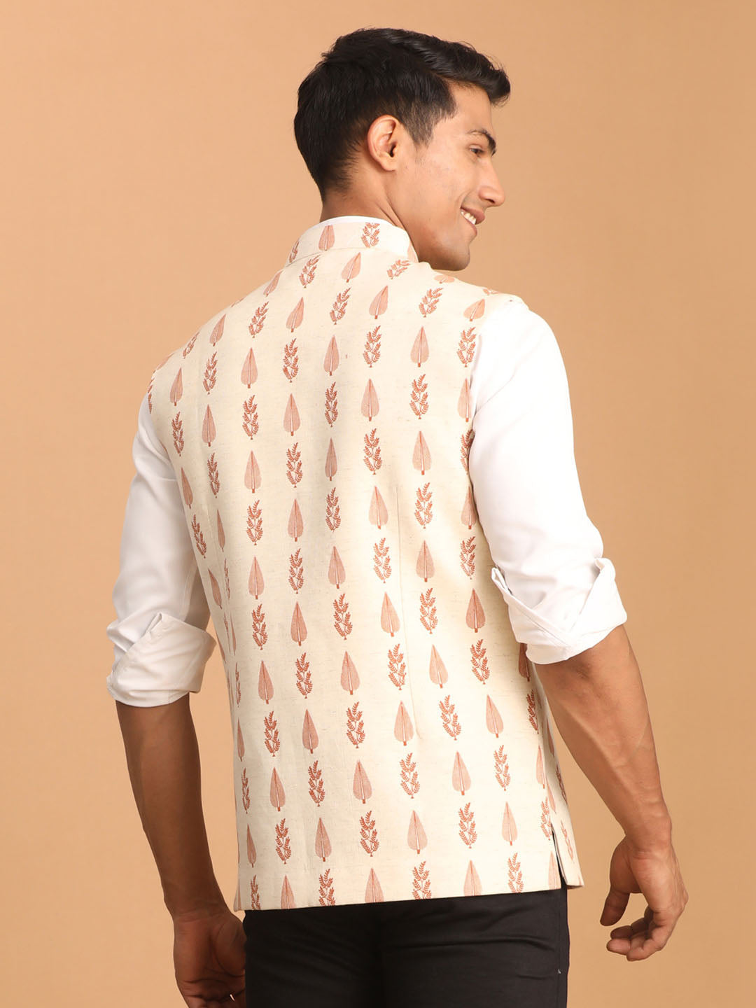 Men's Cream Block Print Cotton Nehru Jacket