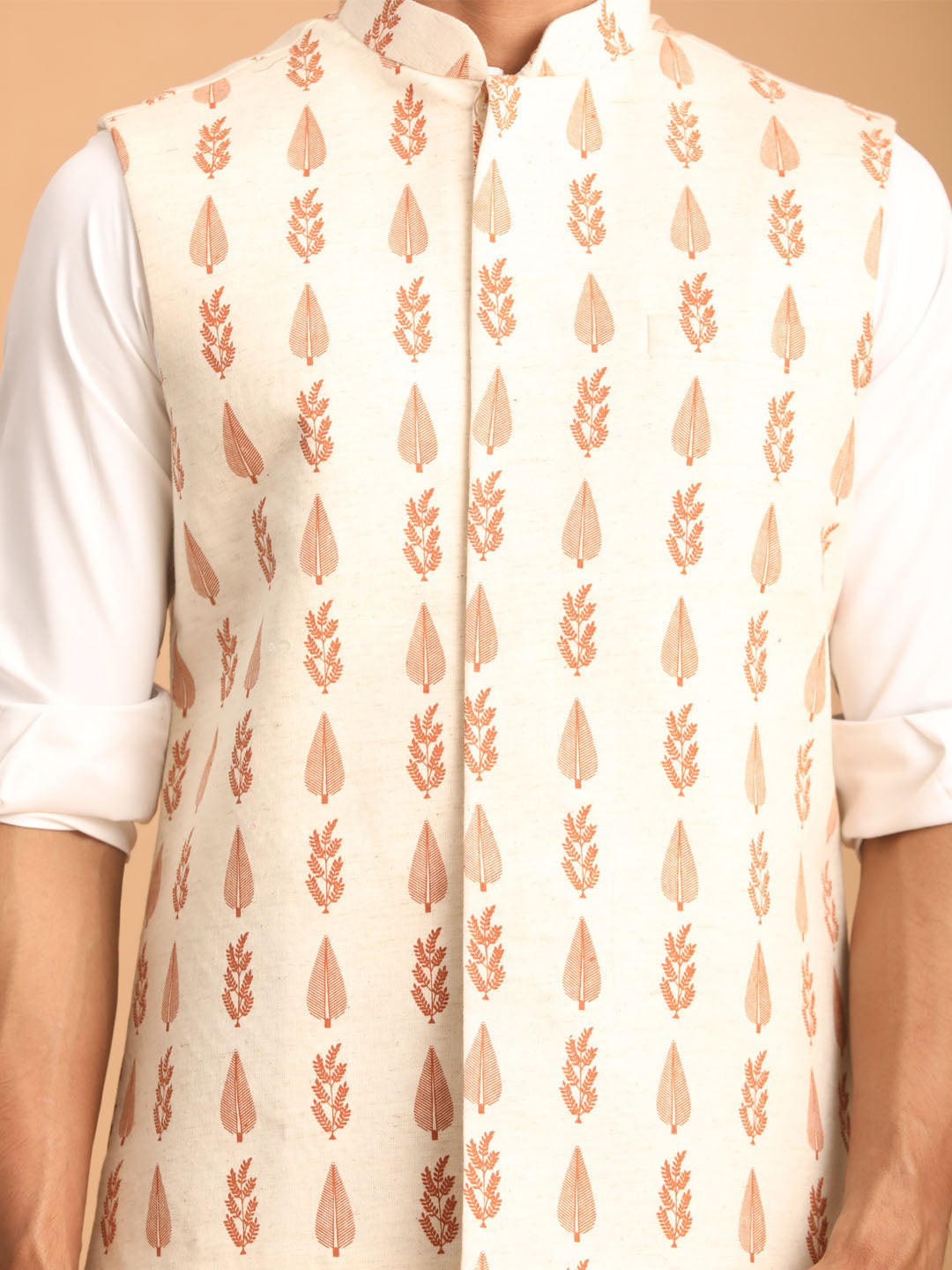Men's Cream Block Print Cotton Nehru Jacket