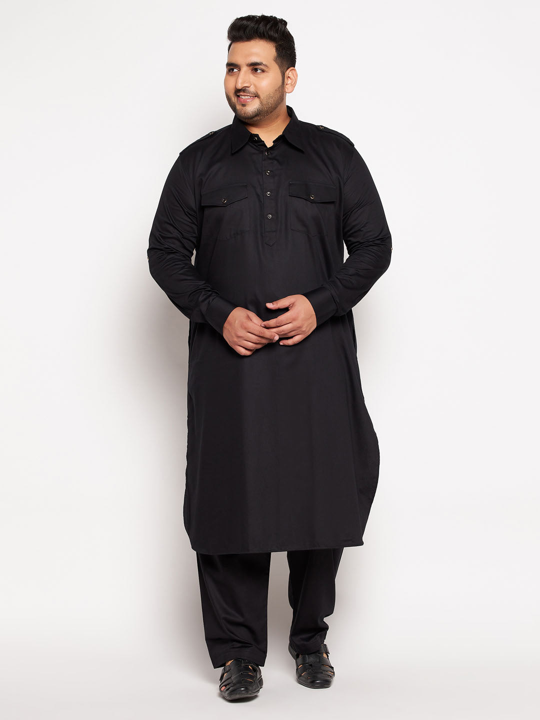 Men's Plus Size Black Cotton Blend Pathani Kurta
