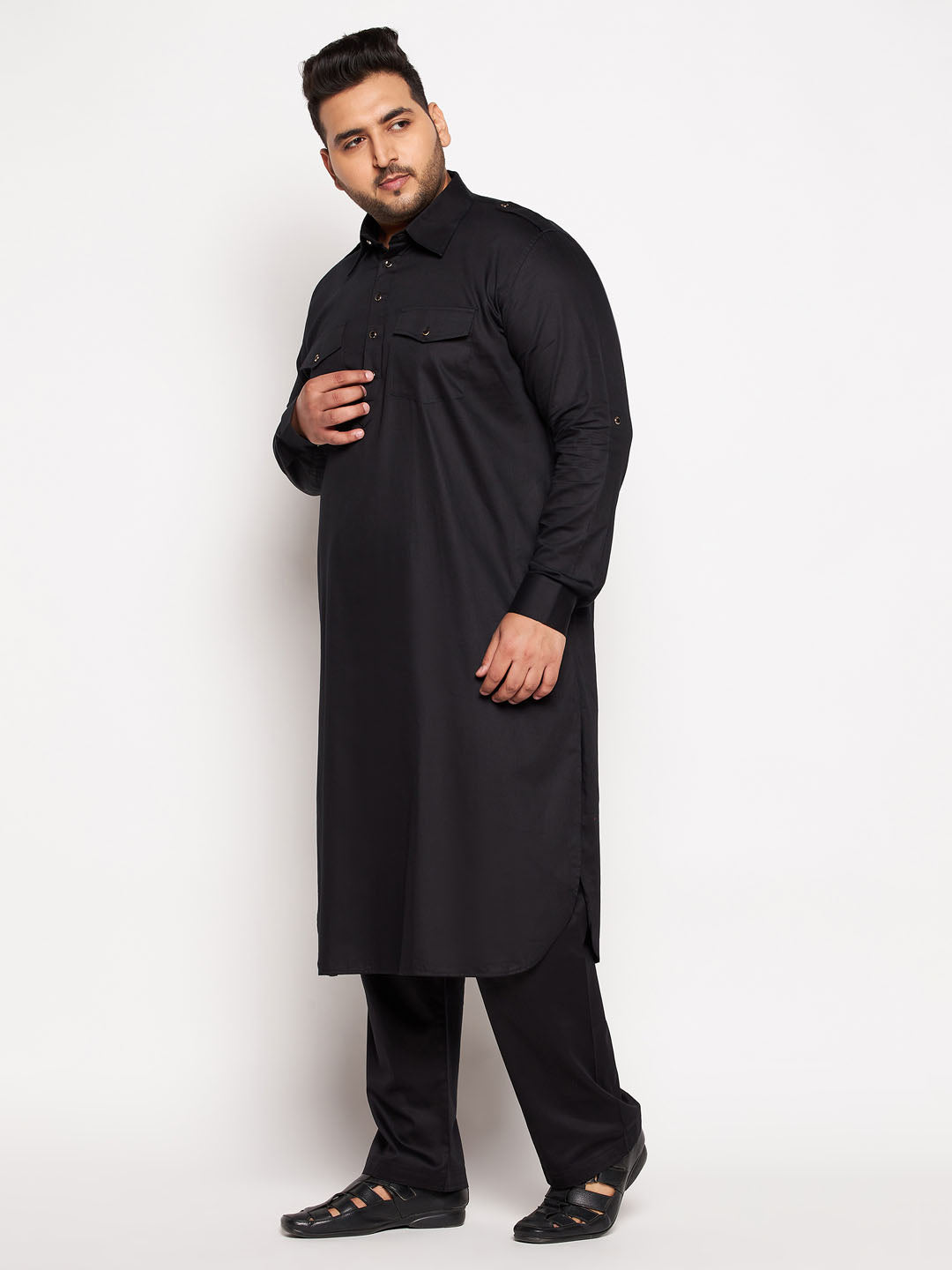 Men's Plus Size Black Cotton Blend Pathani Kurta