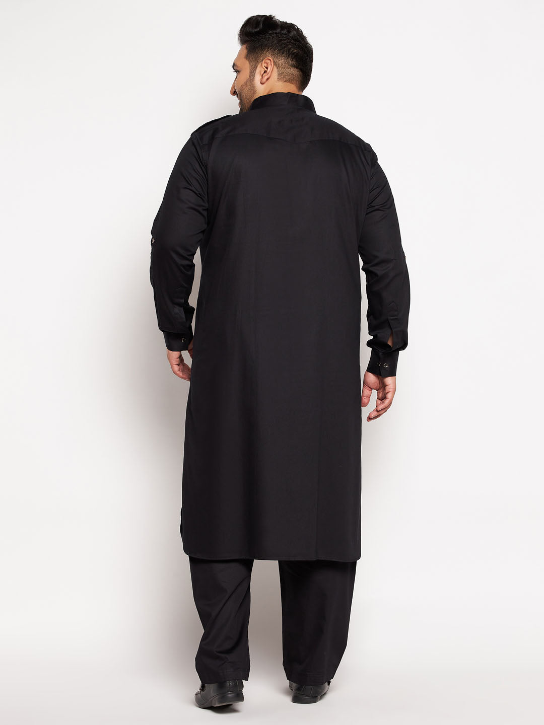 Men's Plus Size Black Cotton Blend Pathani Kurta