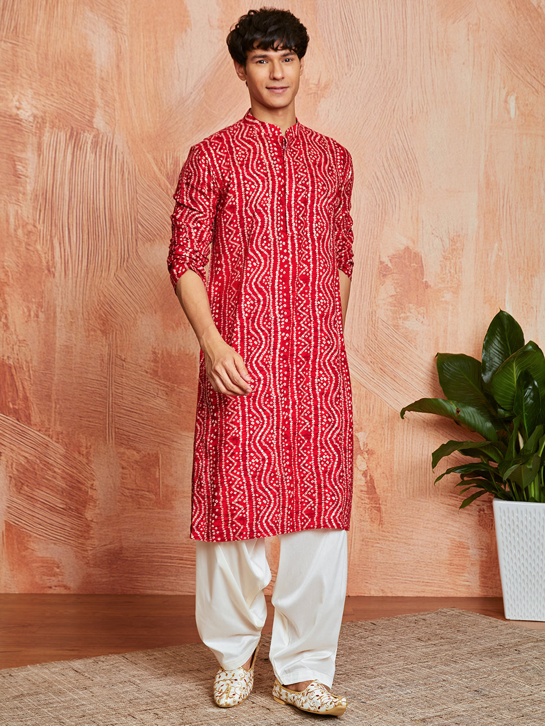 Men's Red Bandhni Rayon Kurta & Patiyala Set