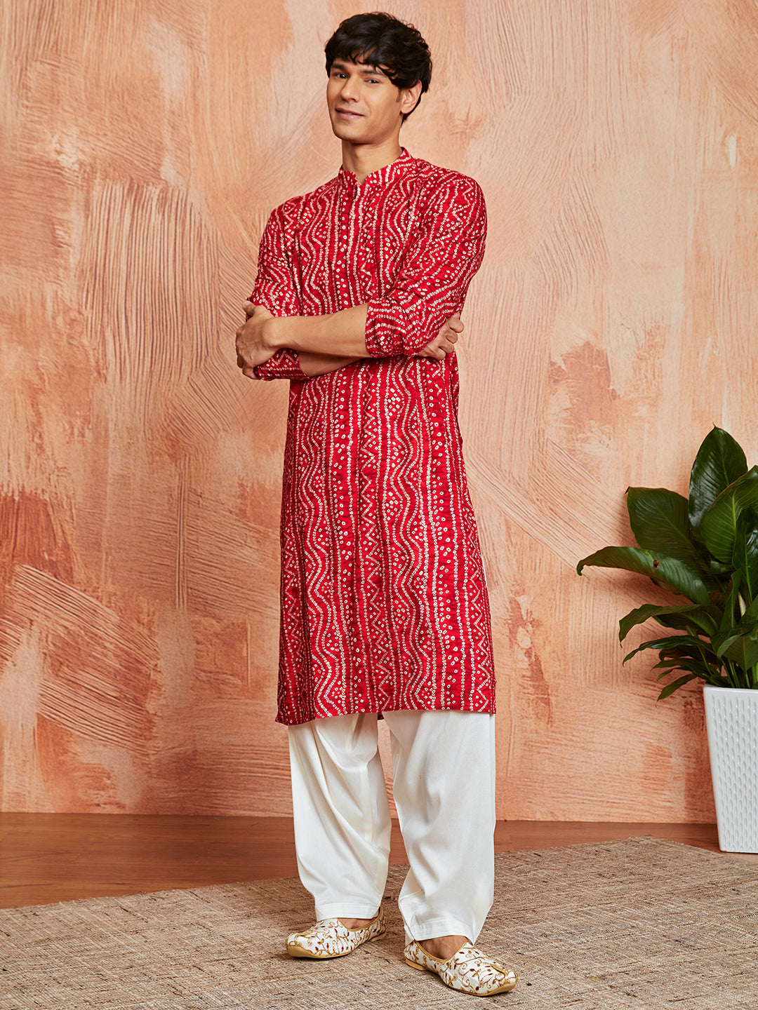 Men's Red Bandhni Rayon Kurta & Patiyala Set