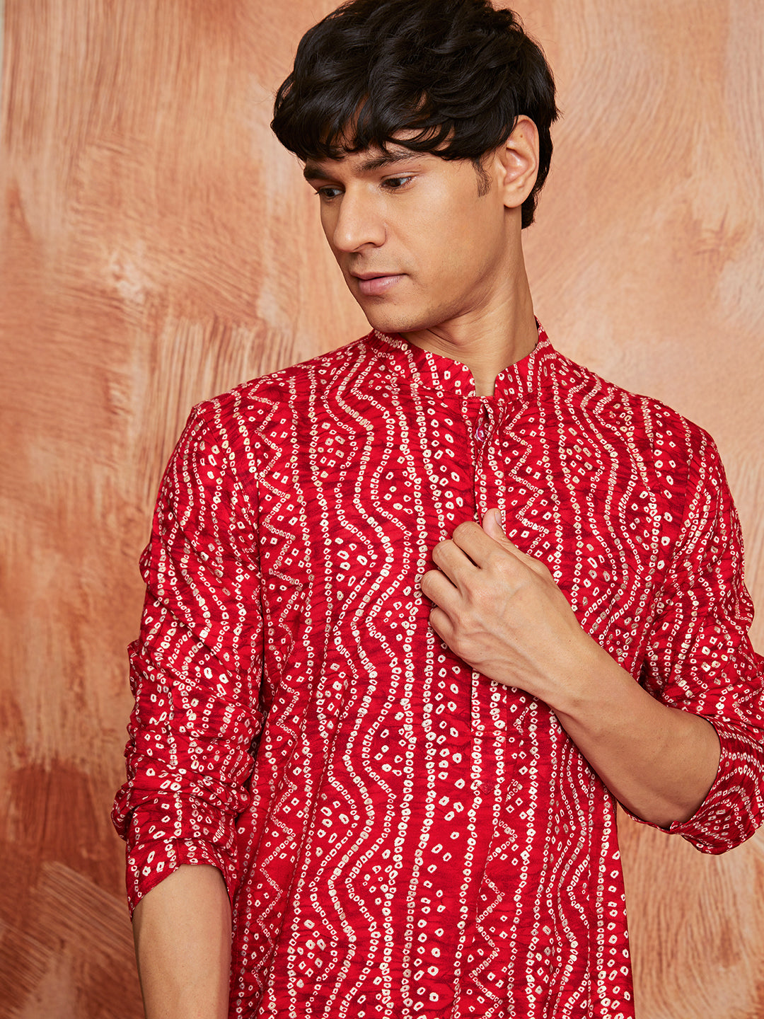 Men's Red Bandhni Rayon Kurta & Patiyala Set