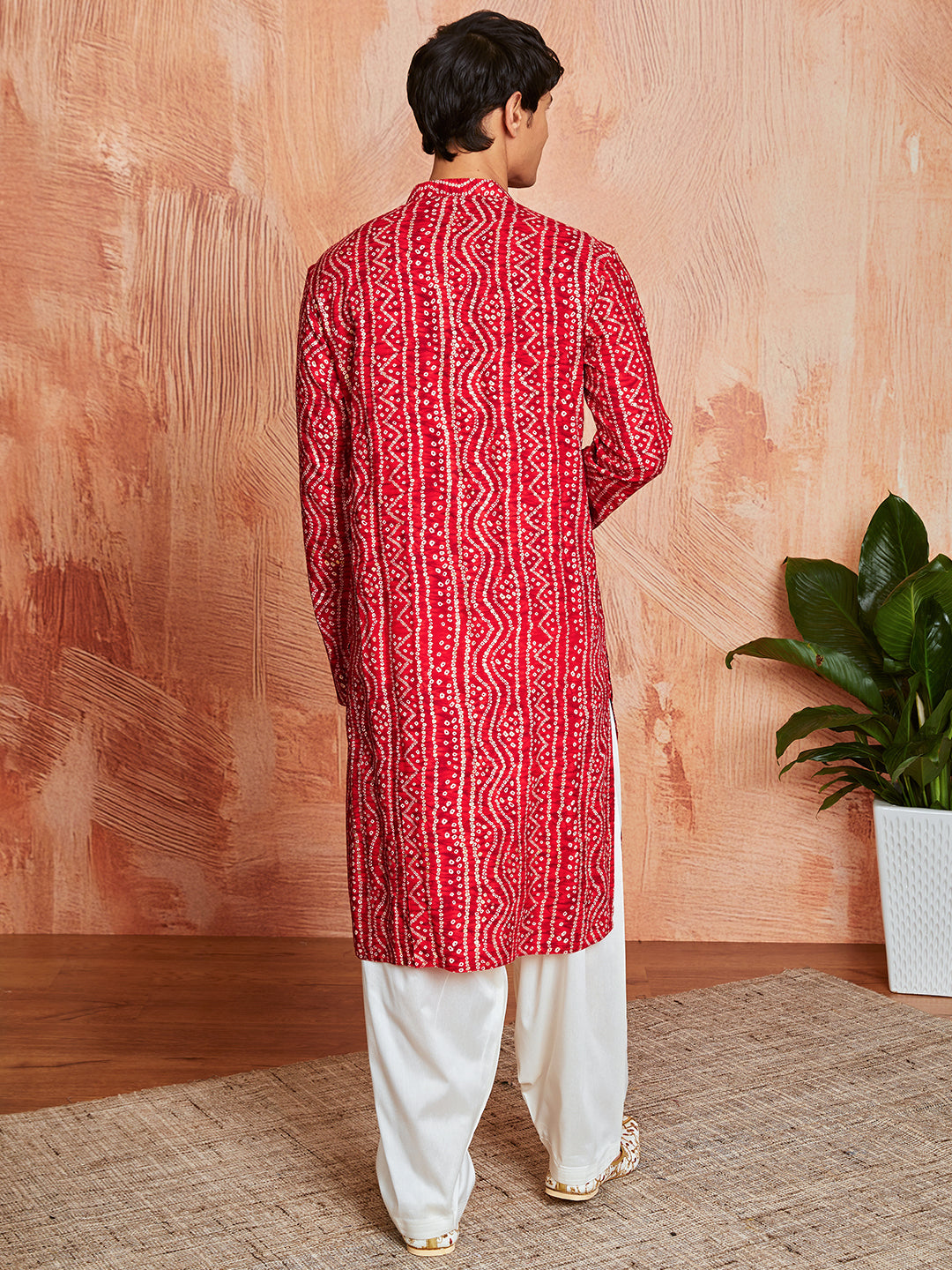 Men's Red Bandhni Rayon Kurta & Patiyala Set