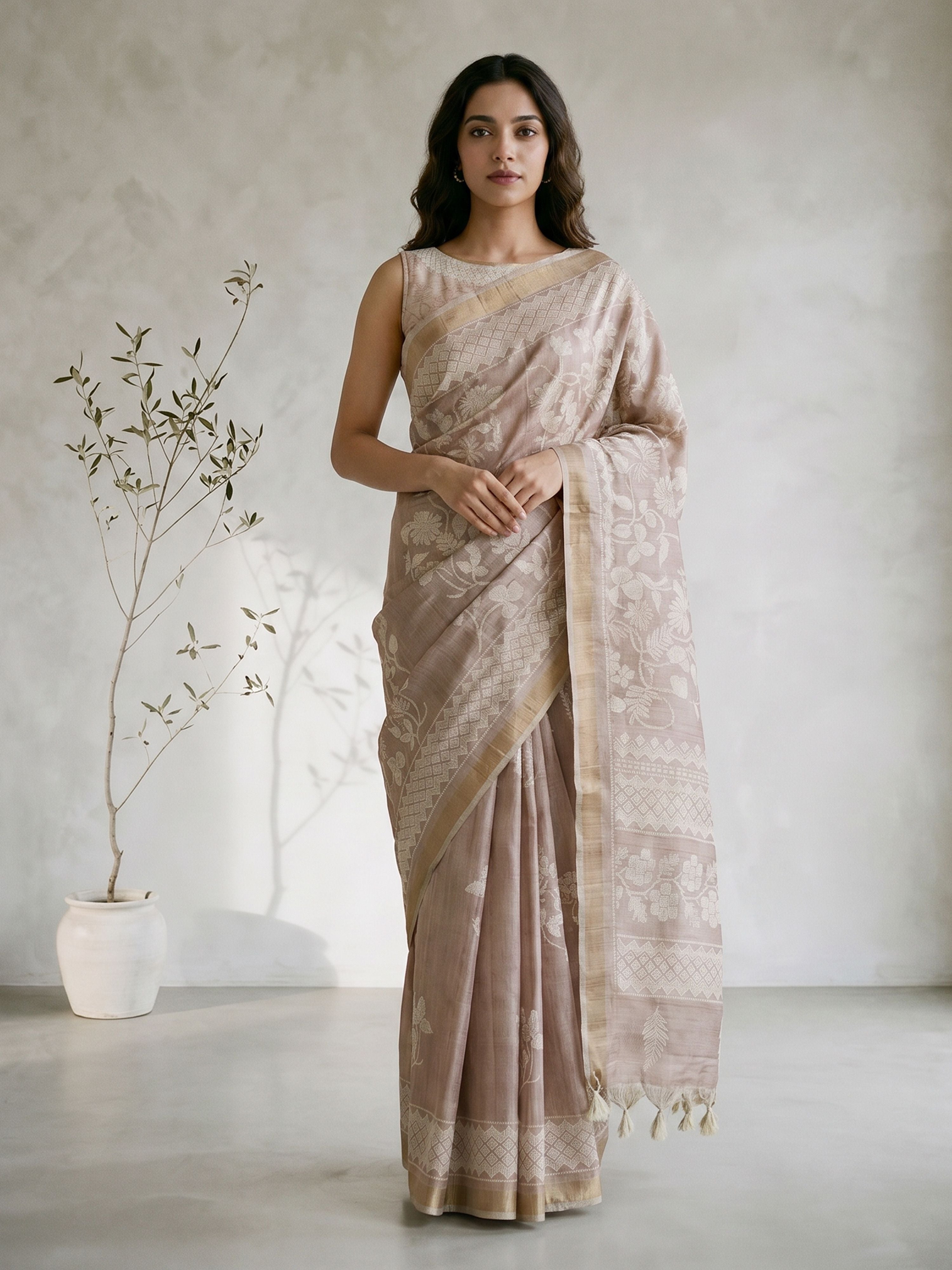 Women's Beige Silk-Blend Self Design Saree With Unstitched Blouse Piece