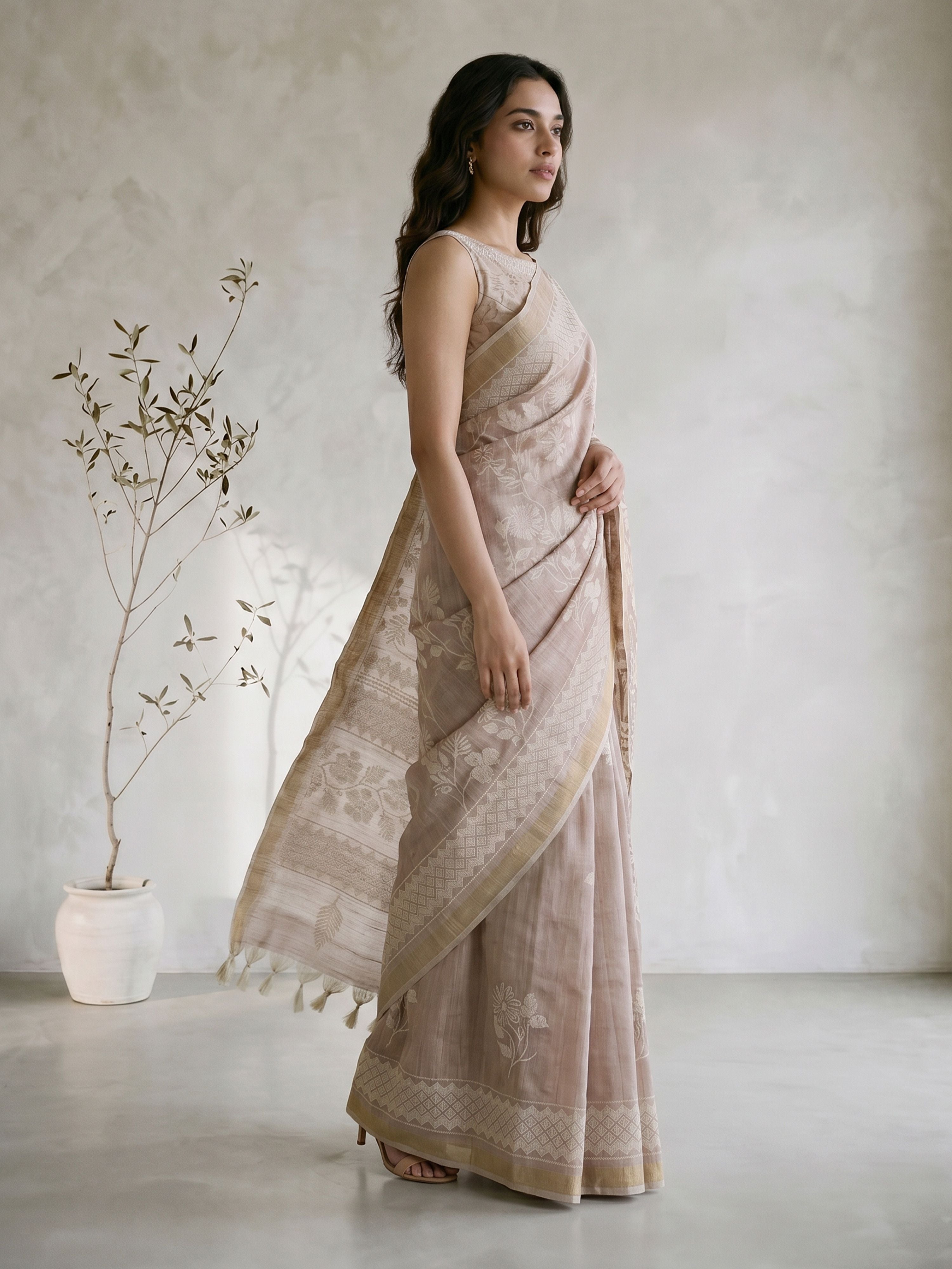 Women's Beige Silk-Blend Self Design Saree With Unstitched Blouse Piece
