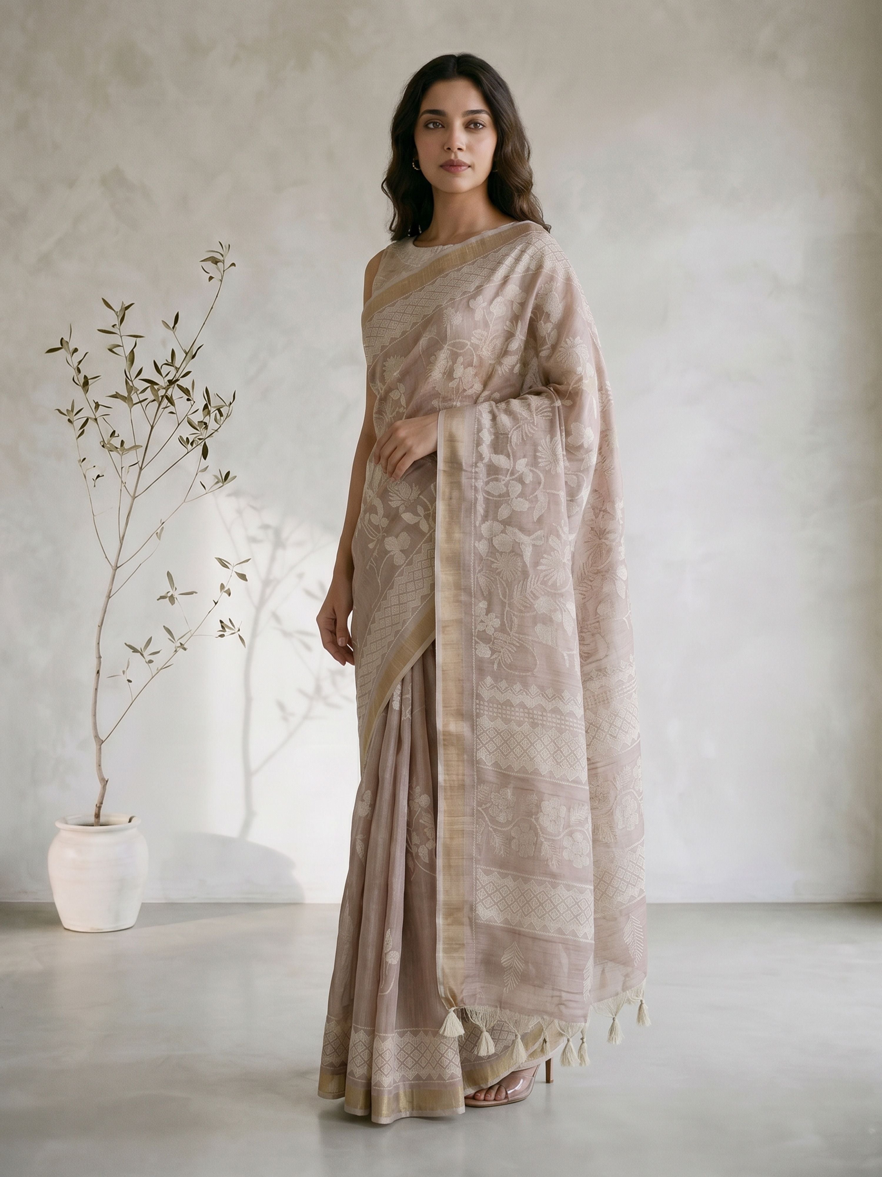 Women's Beige Silk-Blend Self Design Saree With Unstitched Blouse Piece