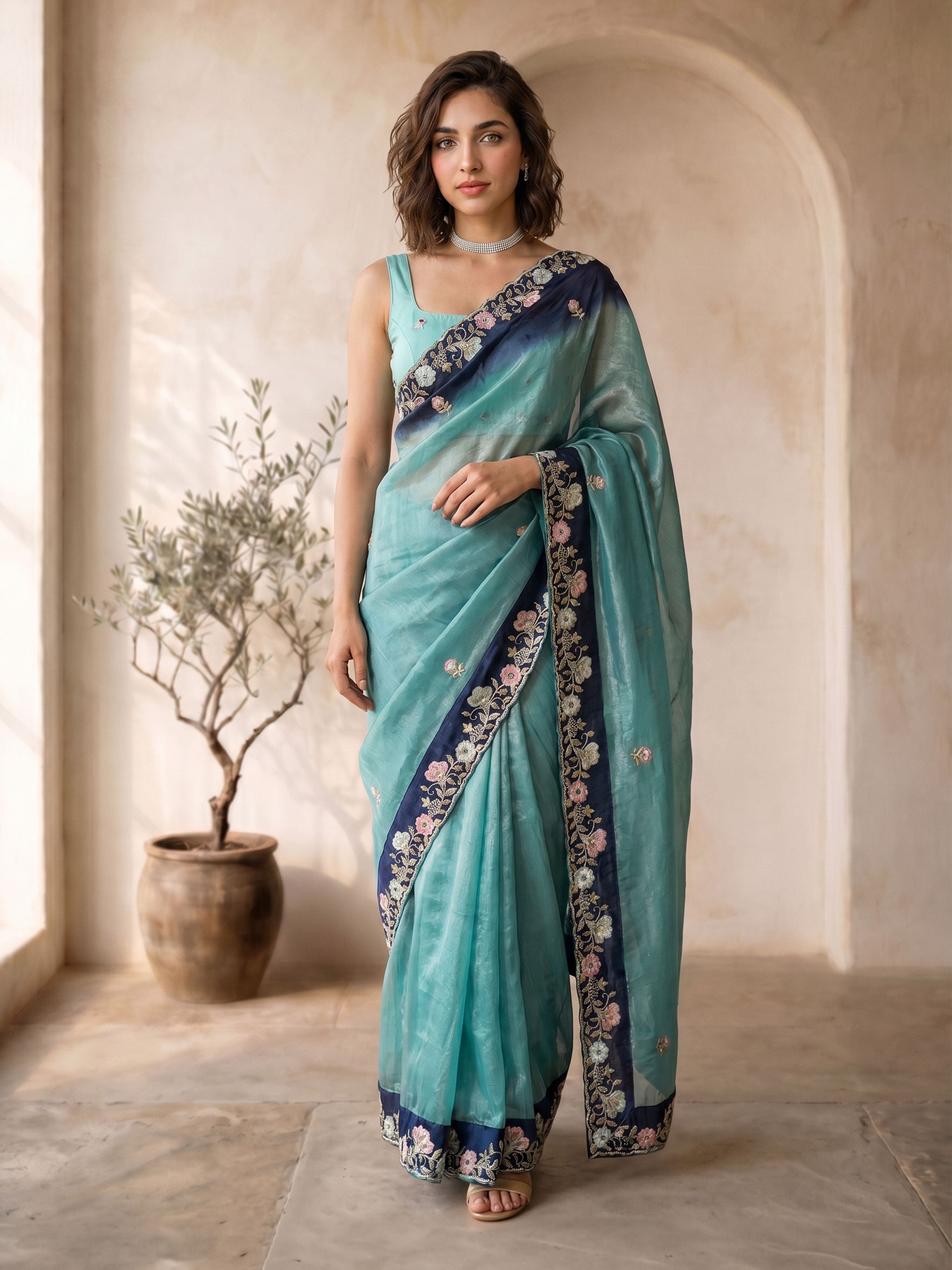 Women's Blue Organza Embroidered Saree With Unstitched Blouse Piece