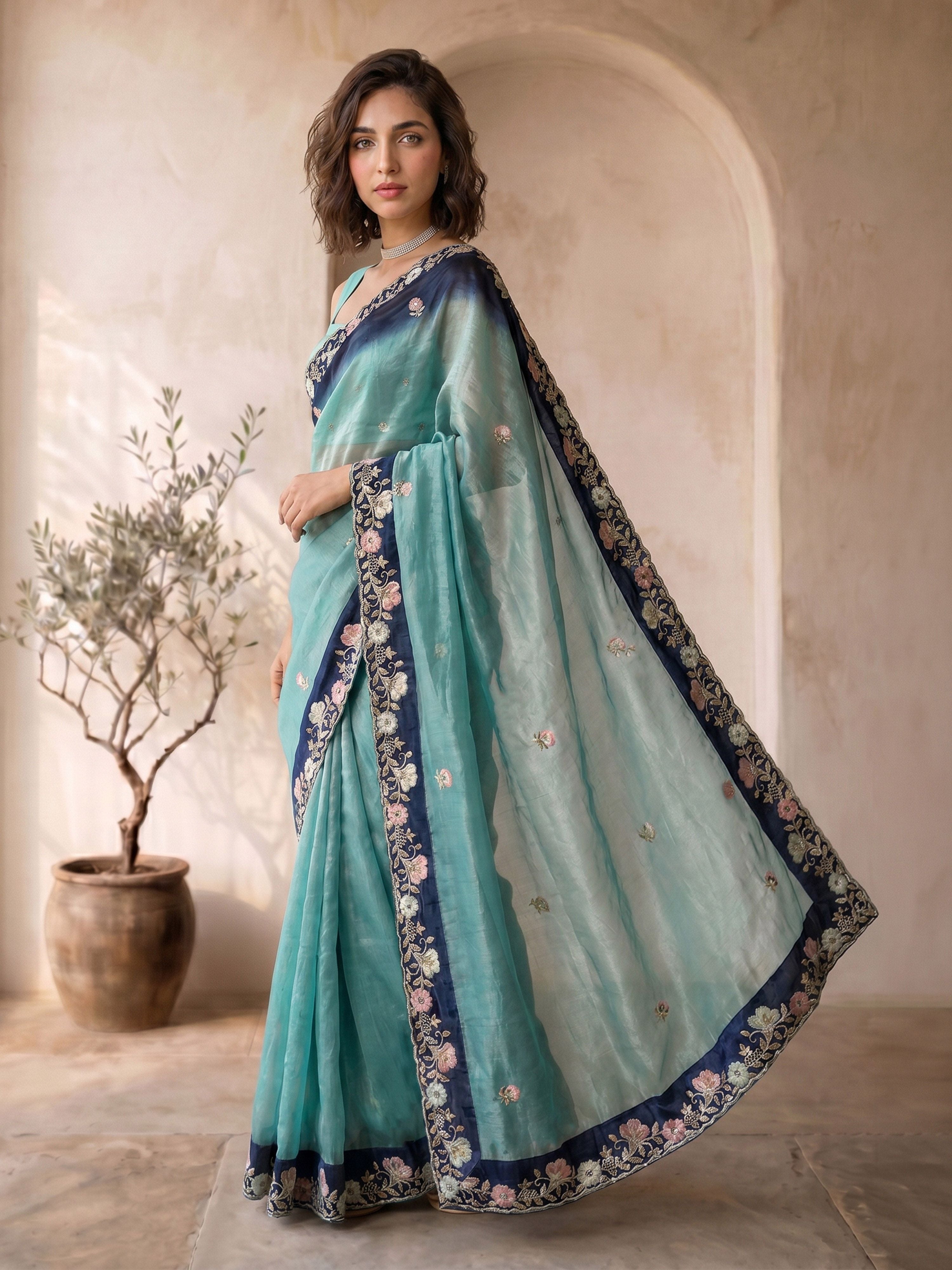 Women's Blue Organza Embroidered Saree With Unstitched Blouse Piece