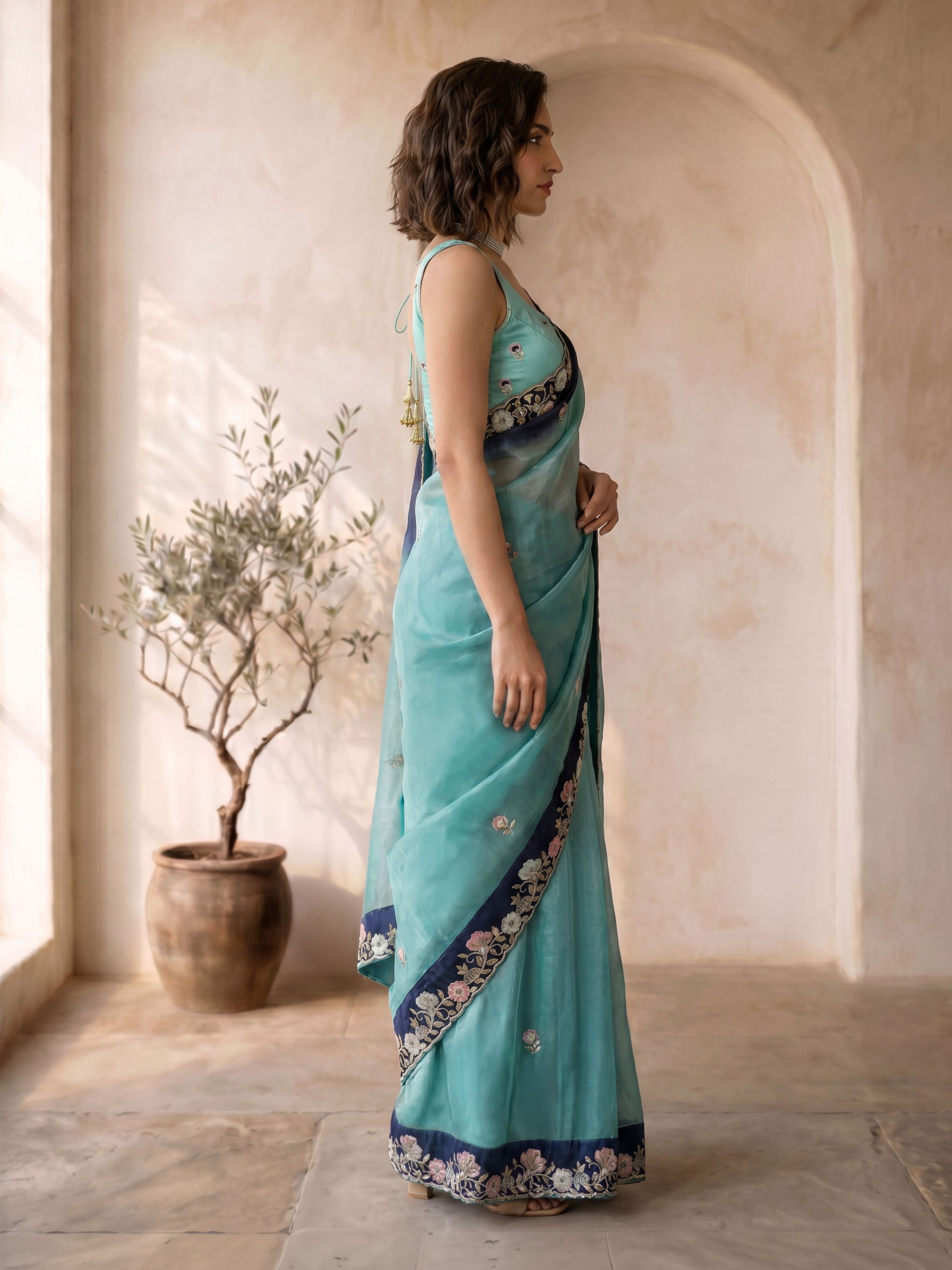 Women's Blue Organza Embroidered Saree With Unstitched Blouse Piece