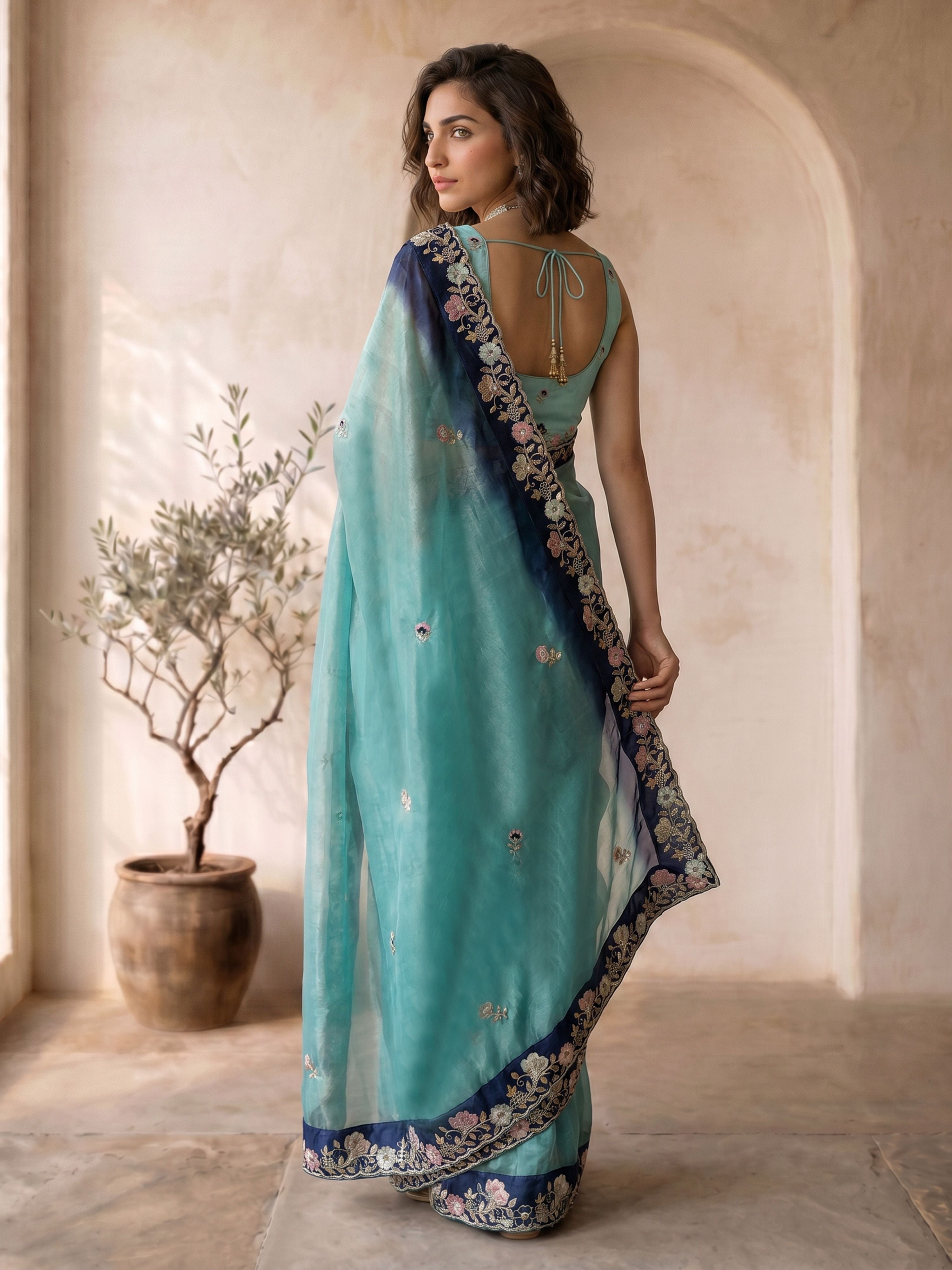 Women's Blue Organza Embroidered Saree With Unstitched Blouse Piece
