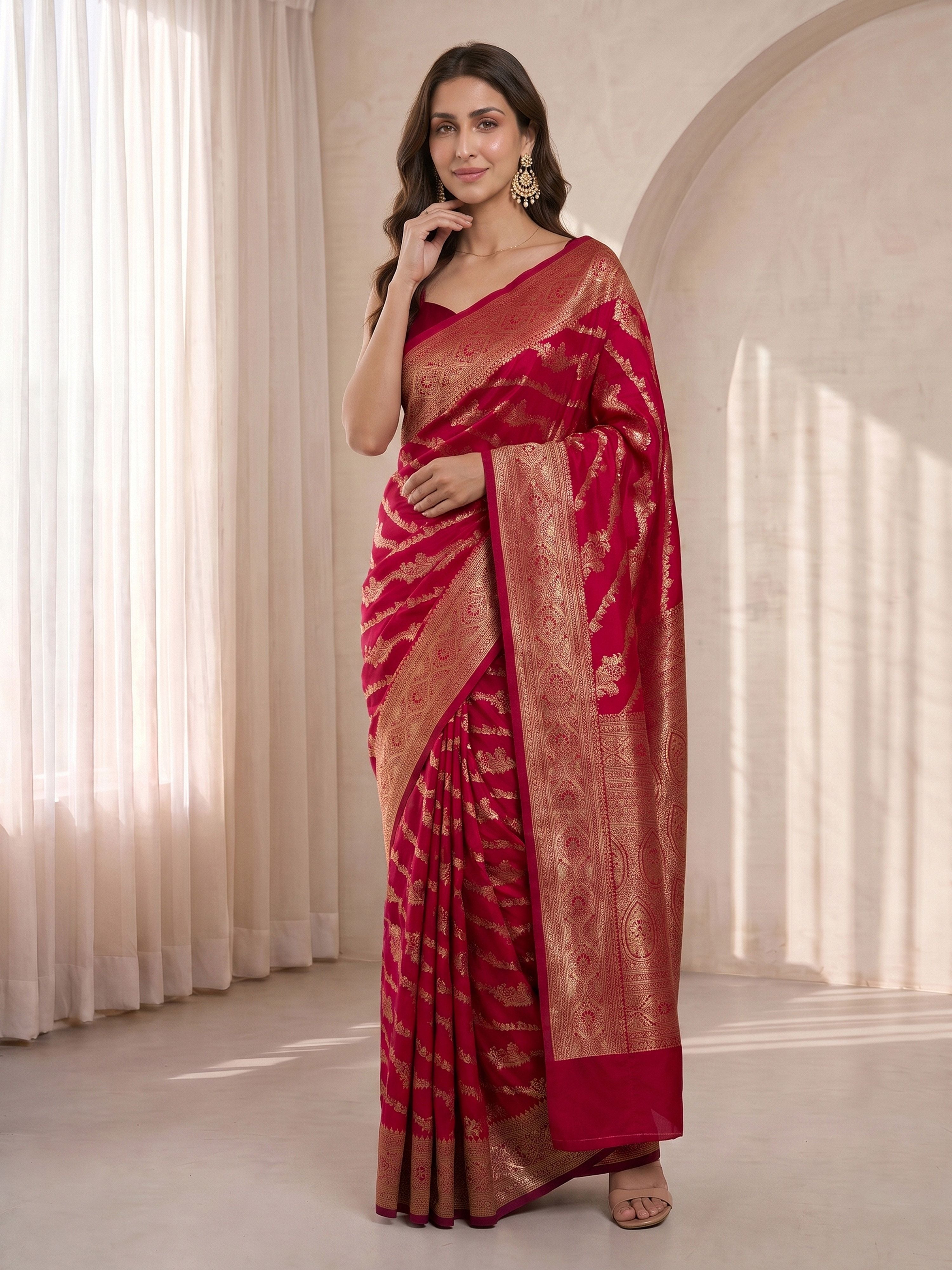 Women's Fuchsia Cotton-Silk Ethnic Motifs Saree With Unstitched Blouse Piece
