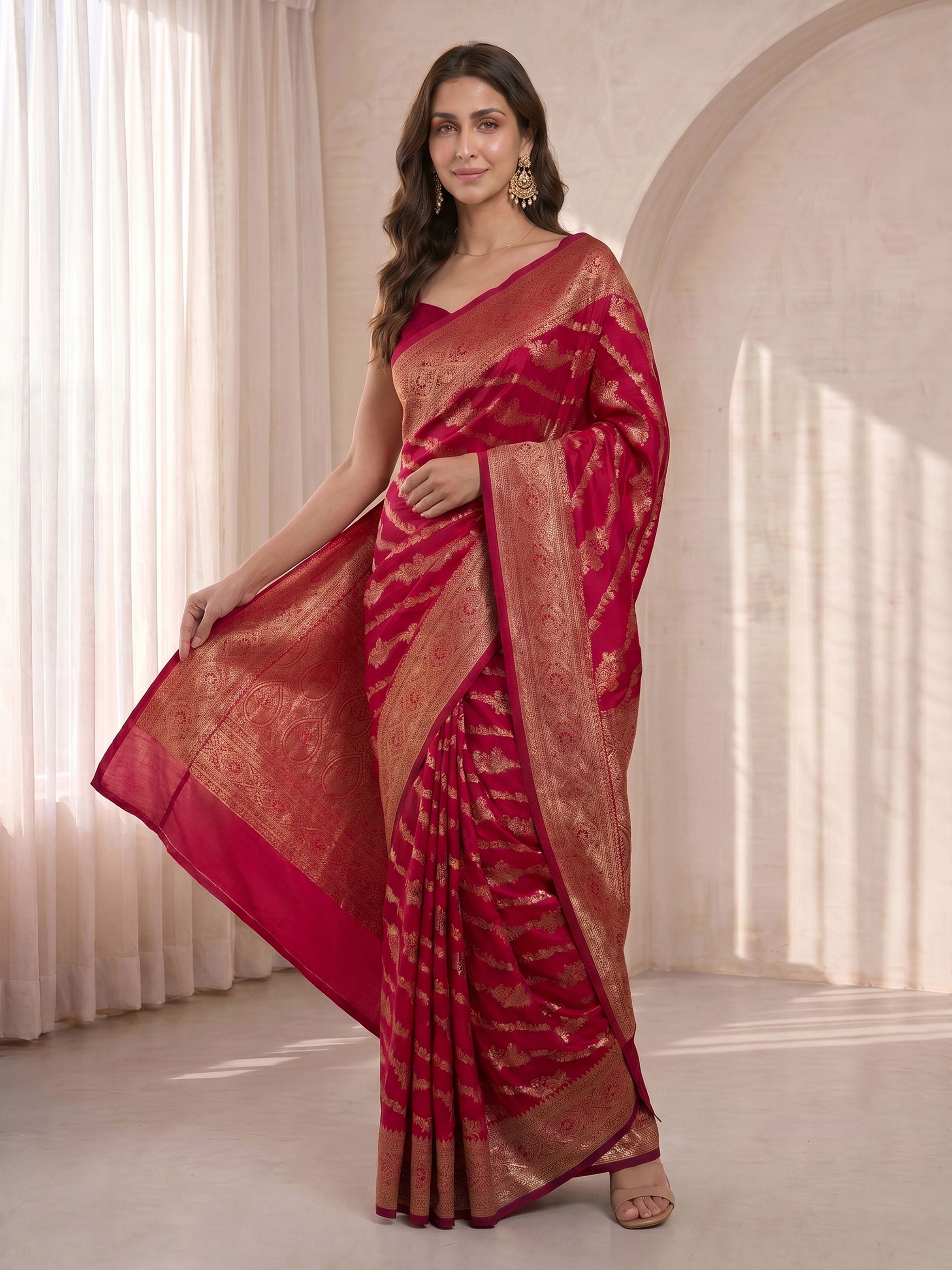 Women's Fuchsia Cotton-Silk Ethnic Motifs Saree With Unstitched Blouse Piece