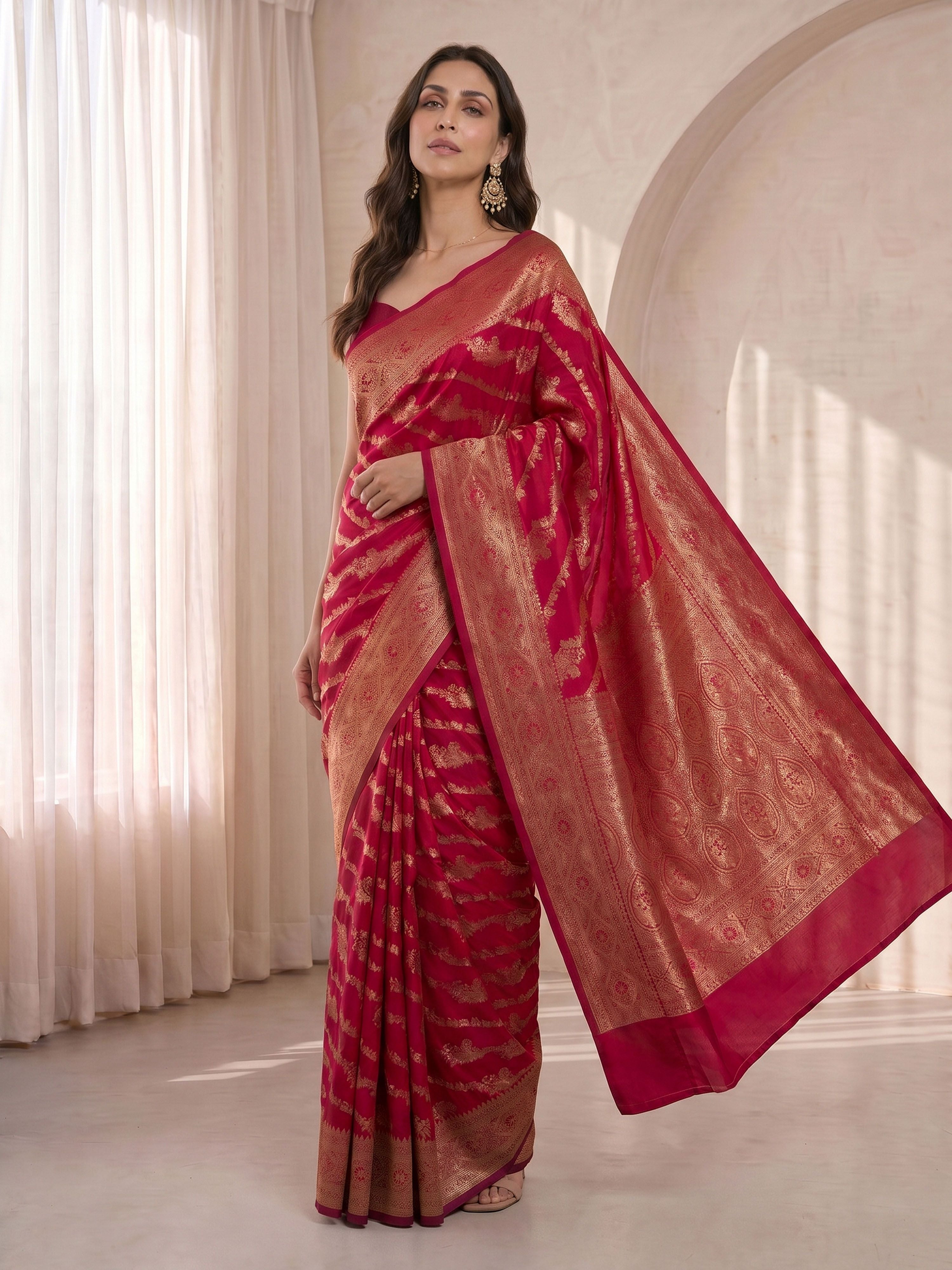 Women's Fuchsia Cotton-Silk Ethnic Motifs Saree With Unstitched Blouse Piece