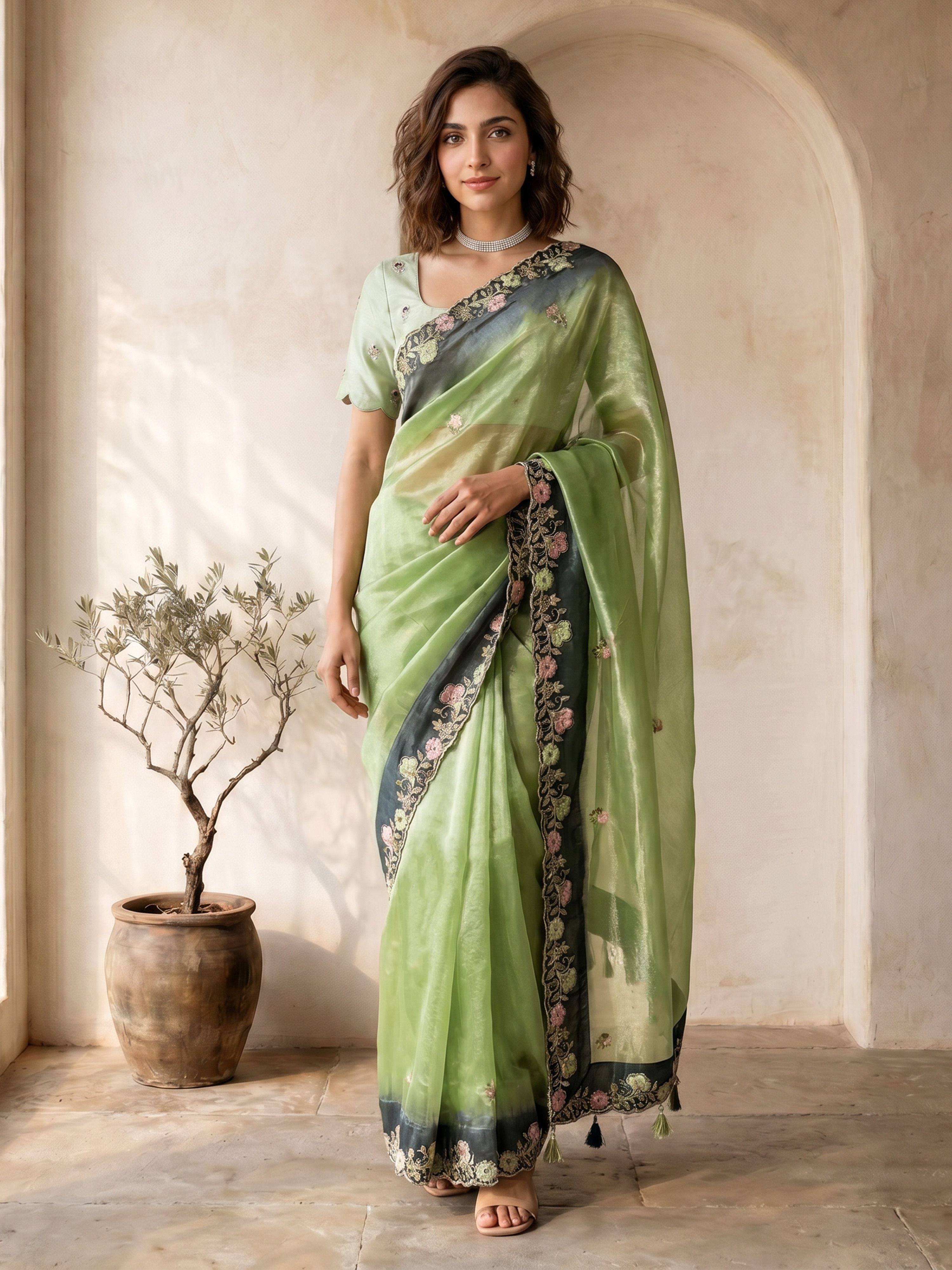 Women's Green Organza Embroidered Saree With Unstitched Blouse Piece