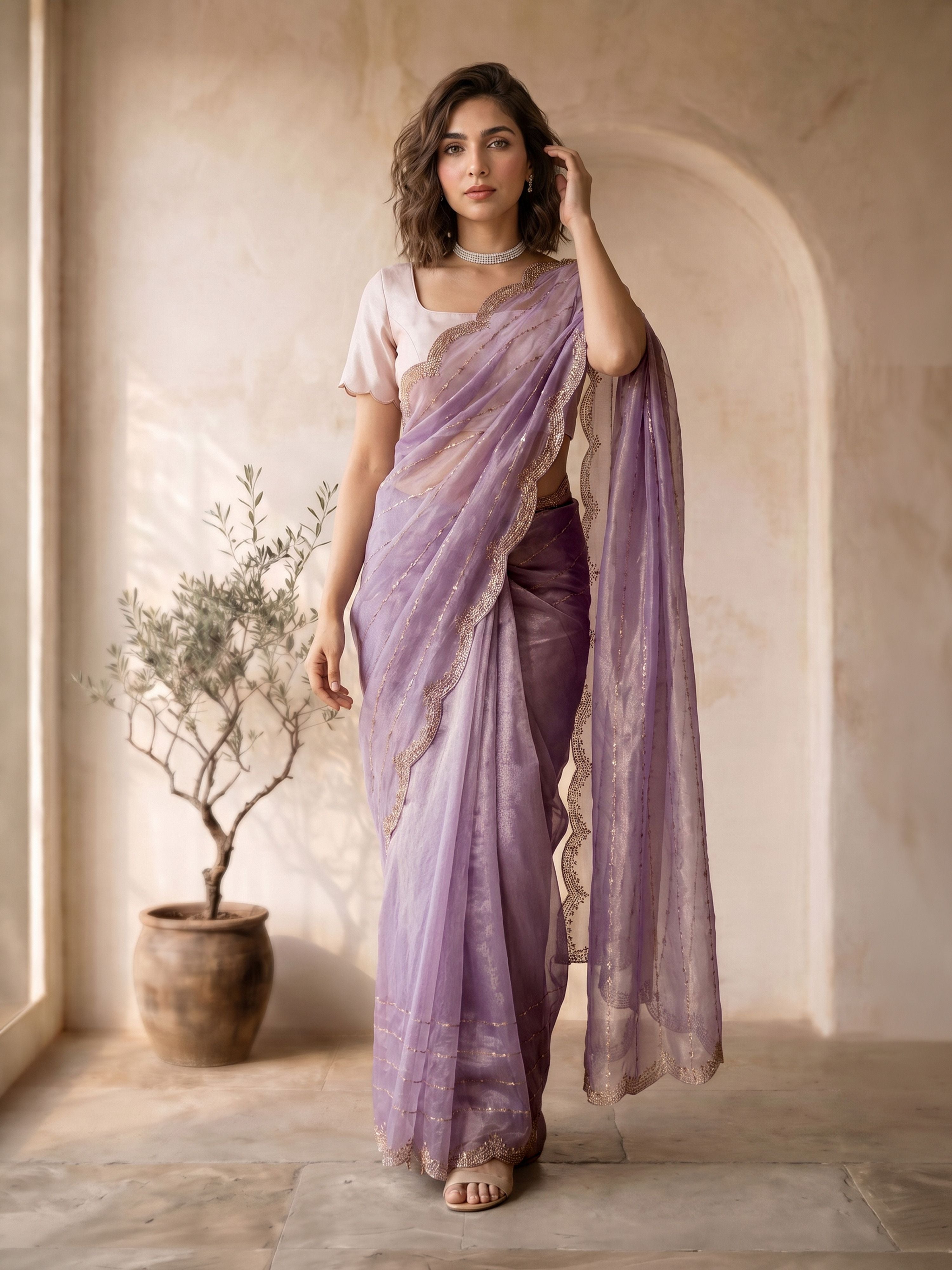 Women's Lavender Organza Ethnic Motifs Saree With Unstitched Blouse Piece