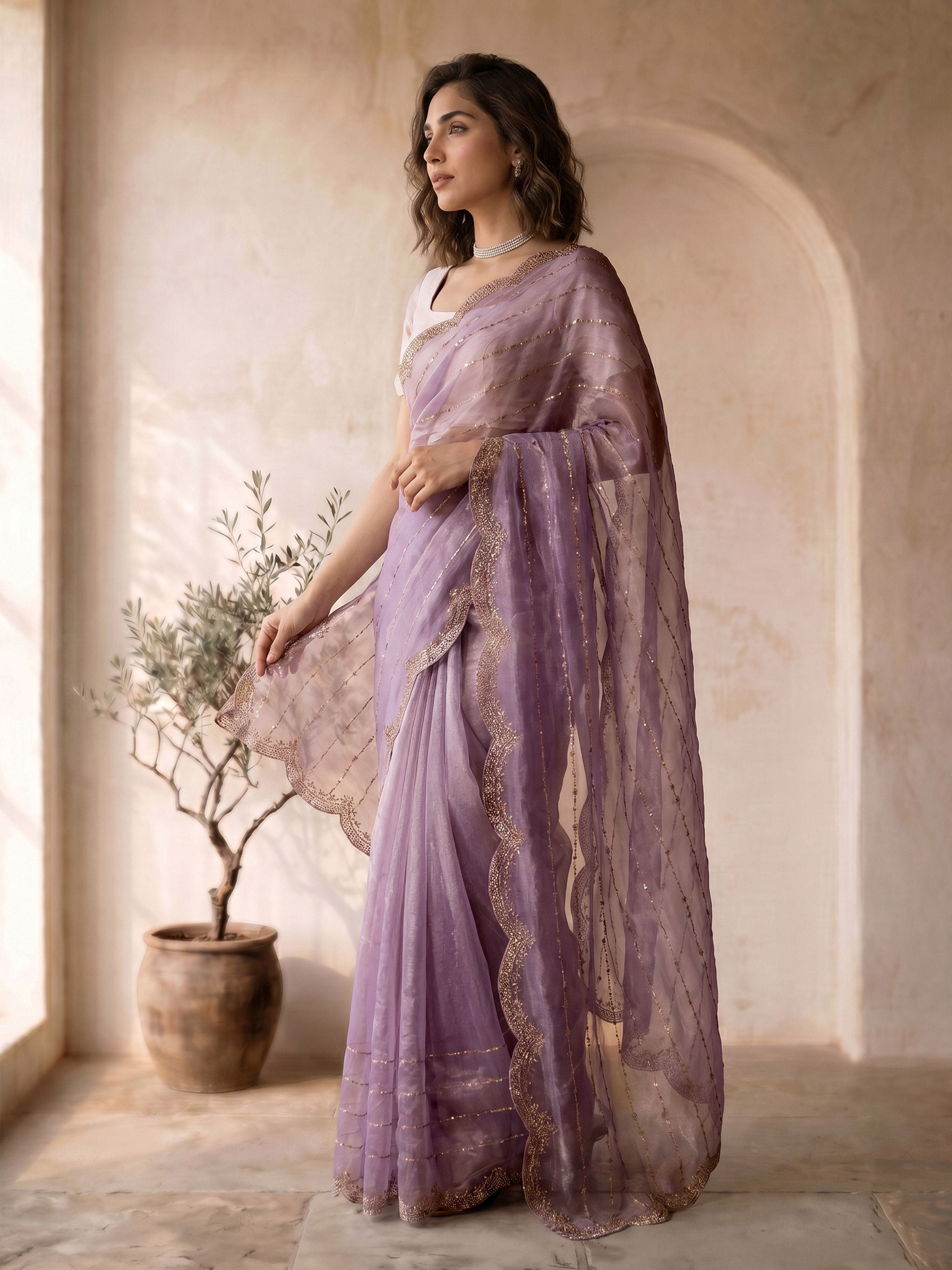 Women's Lavender Organza Ethnic Motifs Saree With Unstitched Blouse Piece