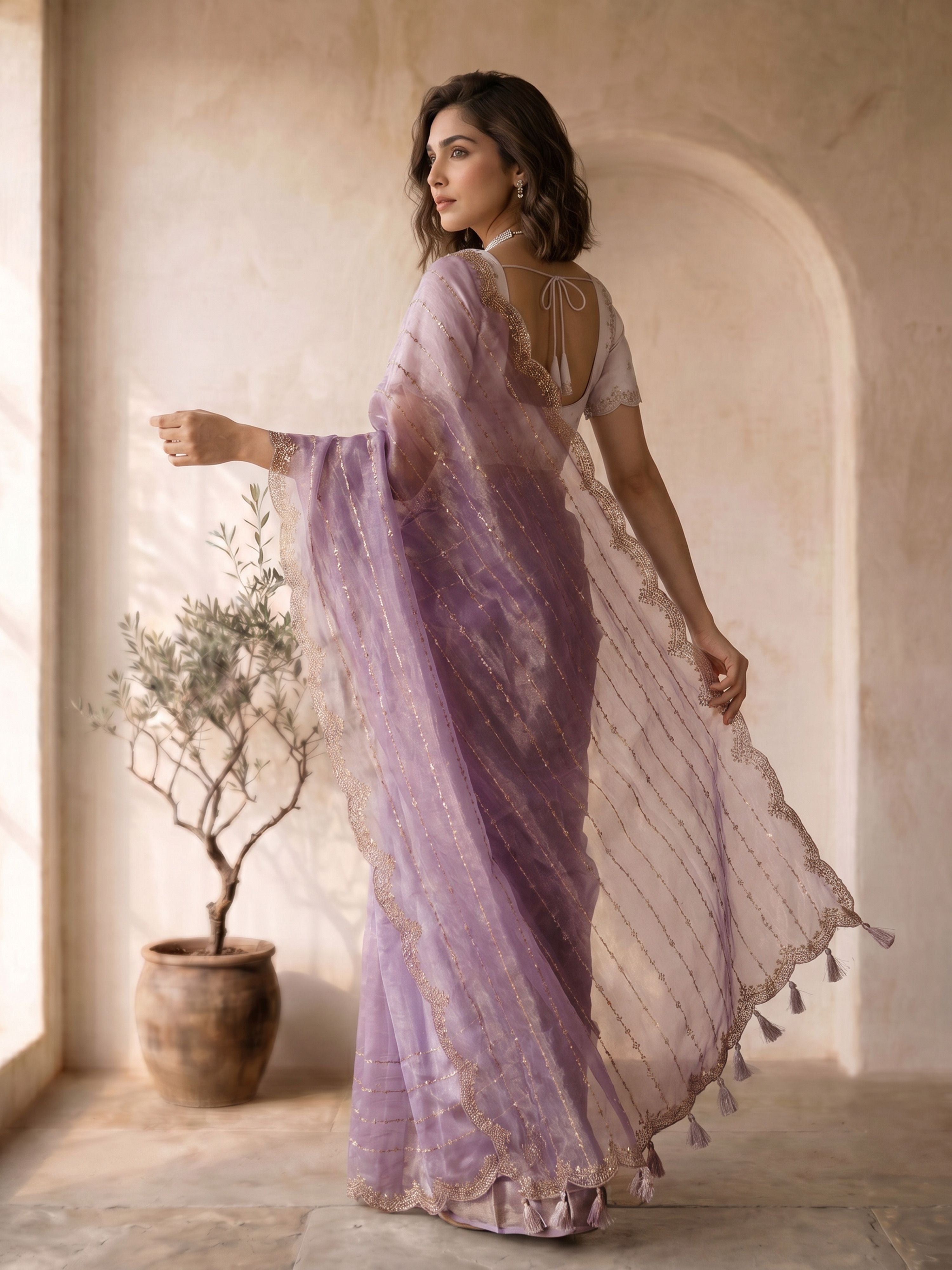 Women's Lavender Organza Ethnic Motifs Saree With Unstitched Blouse Piece