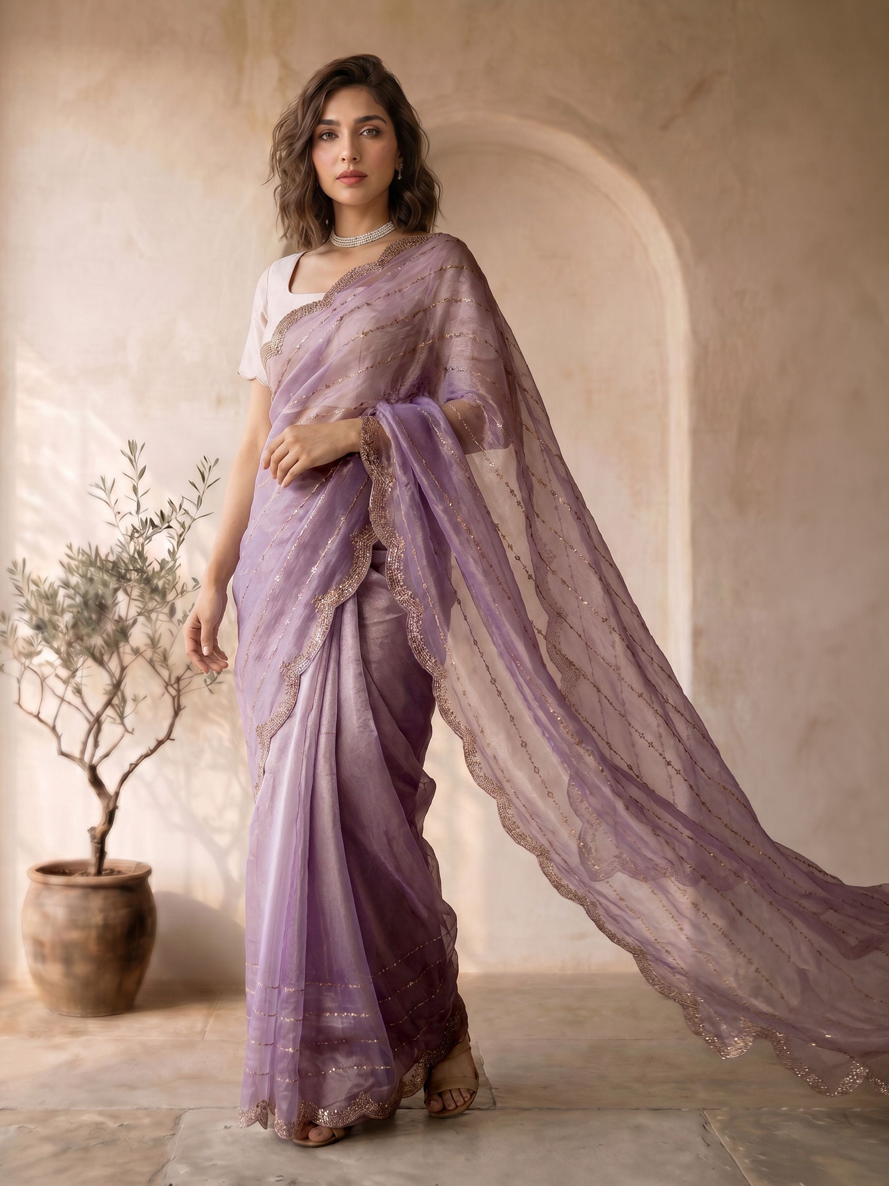 Women's Lavender Organza Ethnic Motifs Saree With Unstitched Blouse Piece