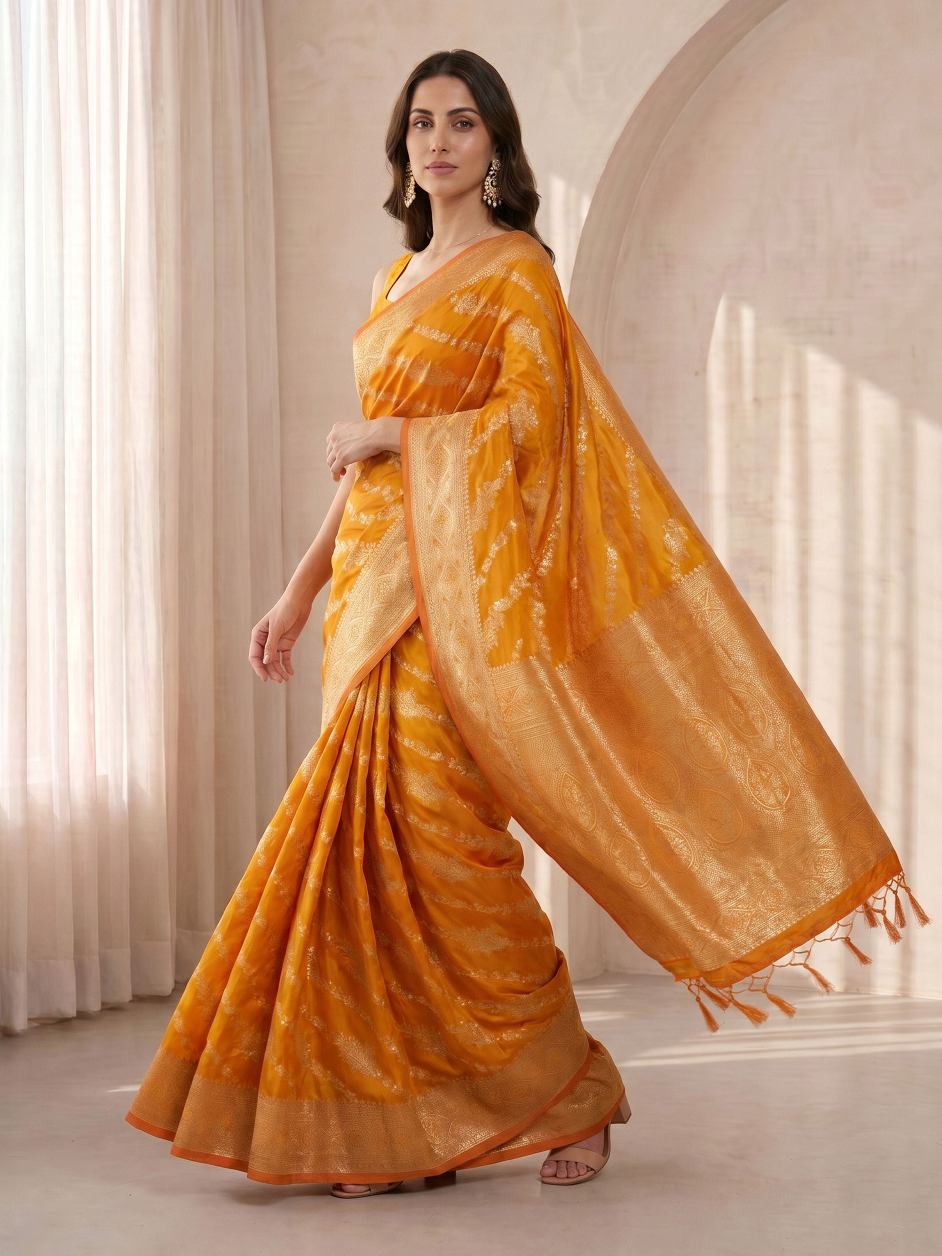 Women's Orange Cotton-Silk Ethnic Motifs Saree With Unstitched Blouse Piece