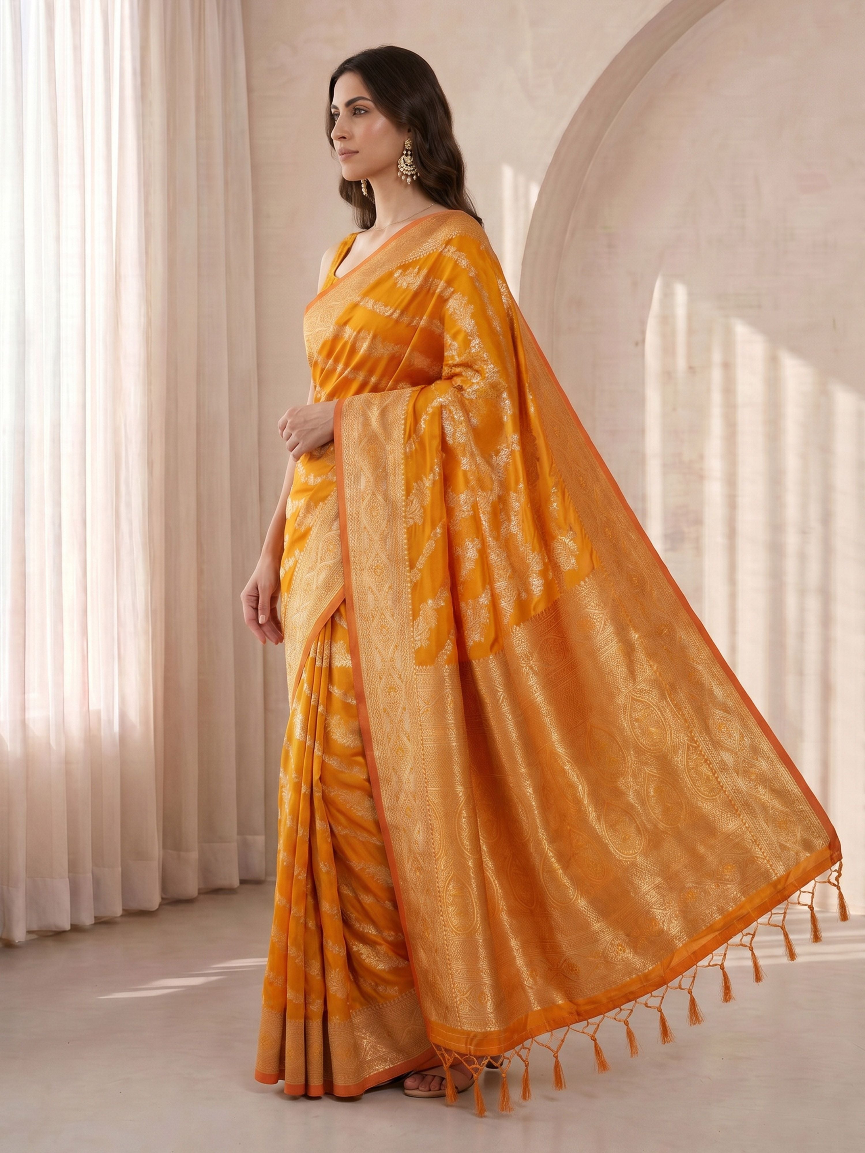 Women's Orange Cotton-Silk Ethnic Motifs Saree With Unstitched Blouse Piece