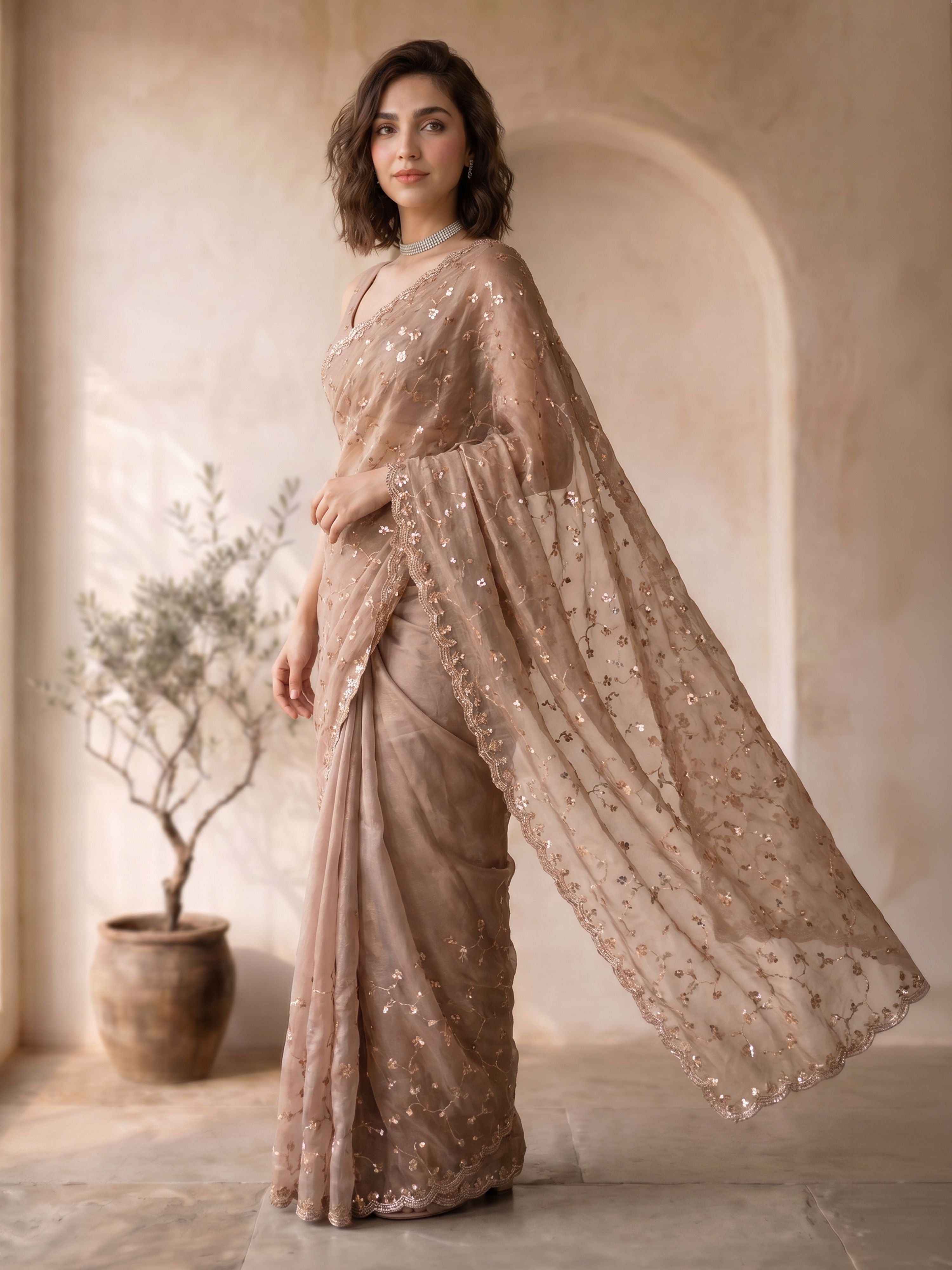 Women's Peach Organza Embroidered Saree With Unstitched Blouse Piece