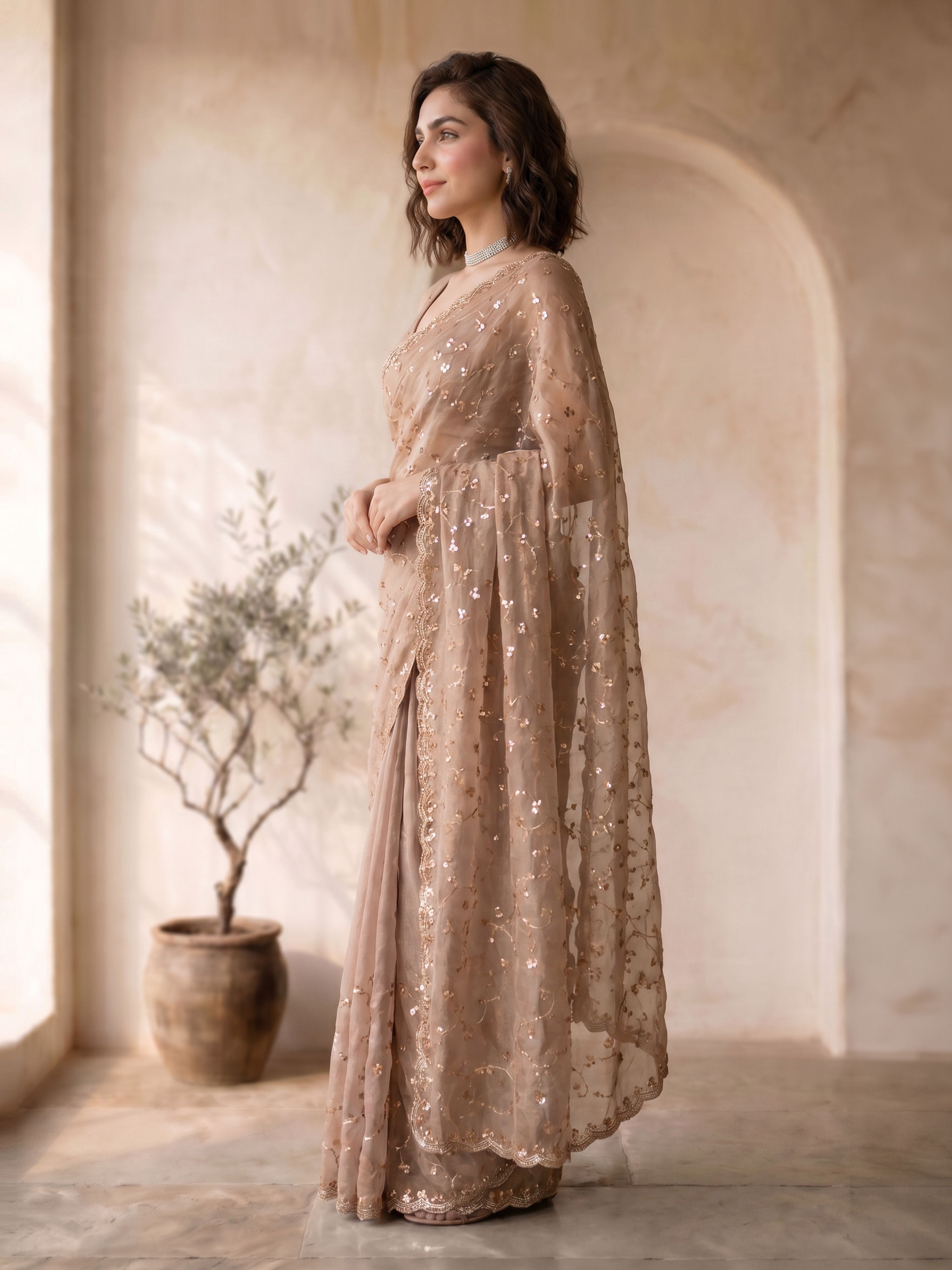 Women's Peach Organza Embroidered Saree With Unstitched Blouse Piece