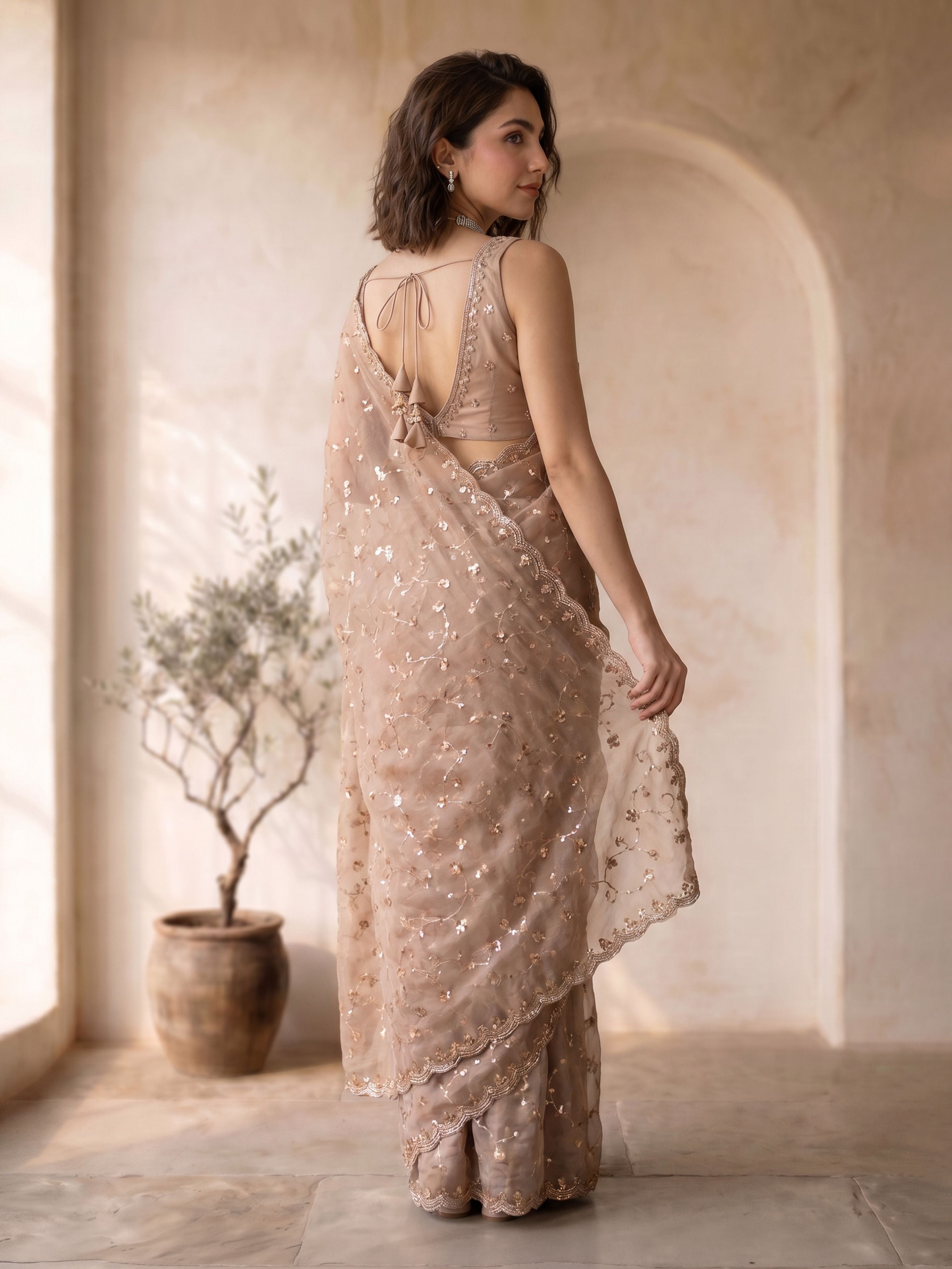Women's Peach Organza Embroidered Saree With Unstitched Blouse Piece