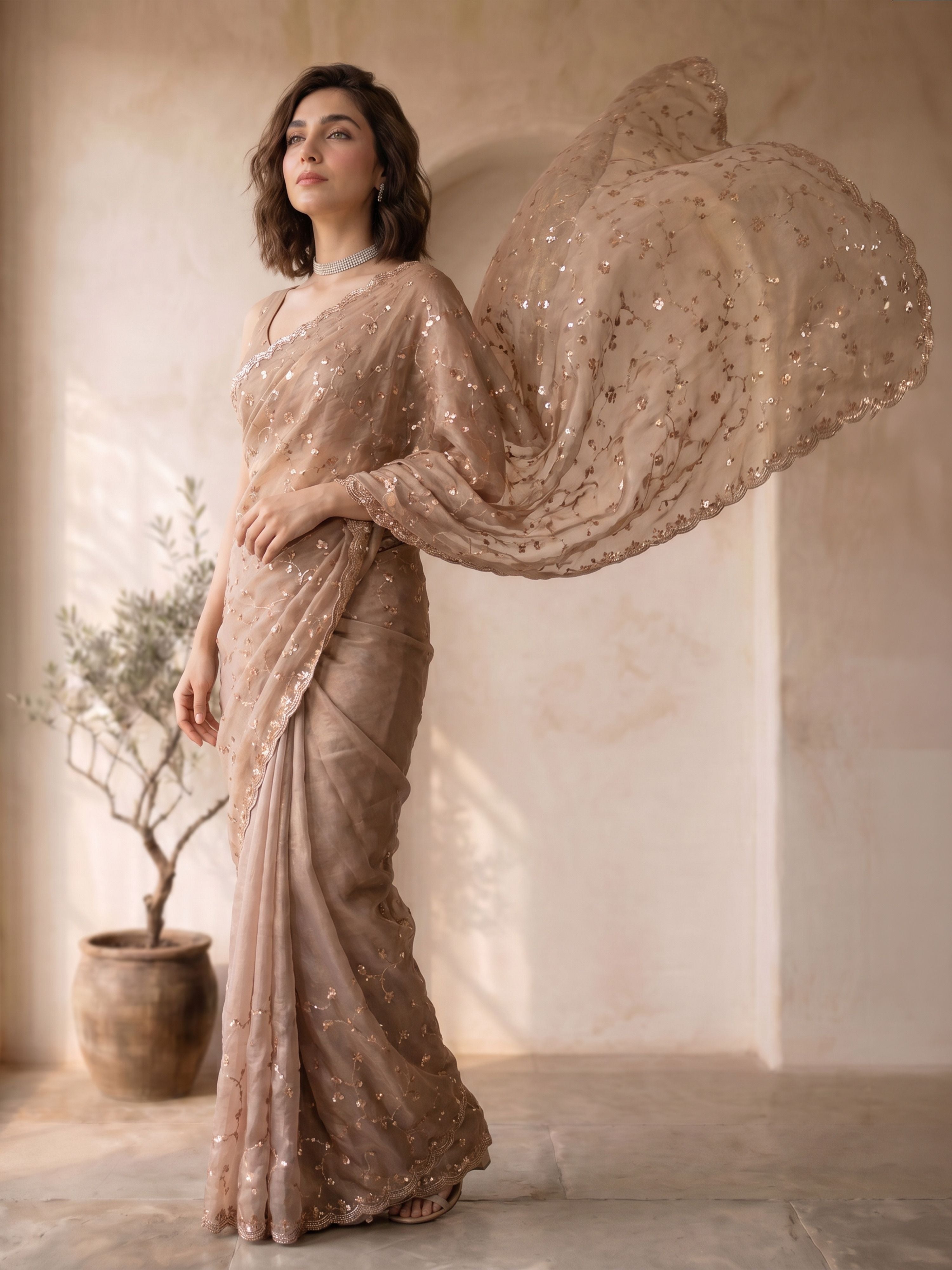 Women's Peach Organza Embroidered Saree With Unstitched Blouse Piece