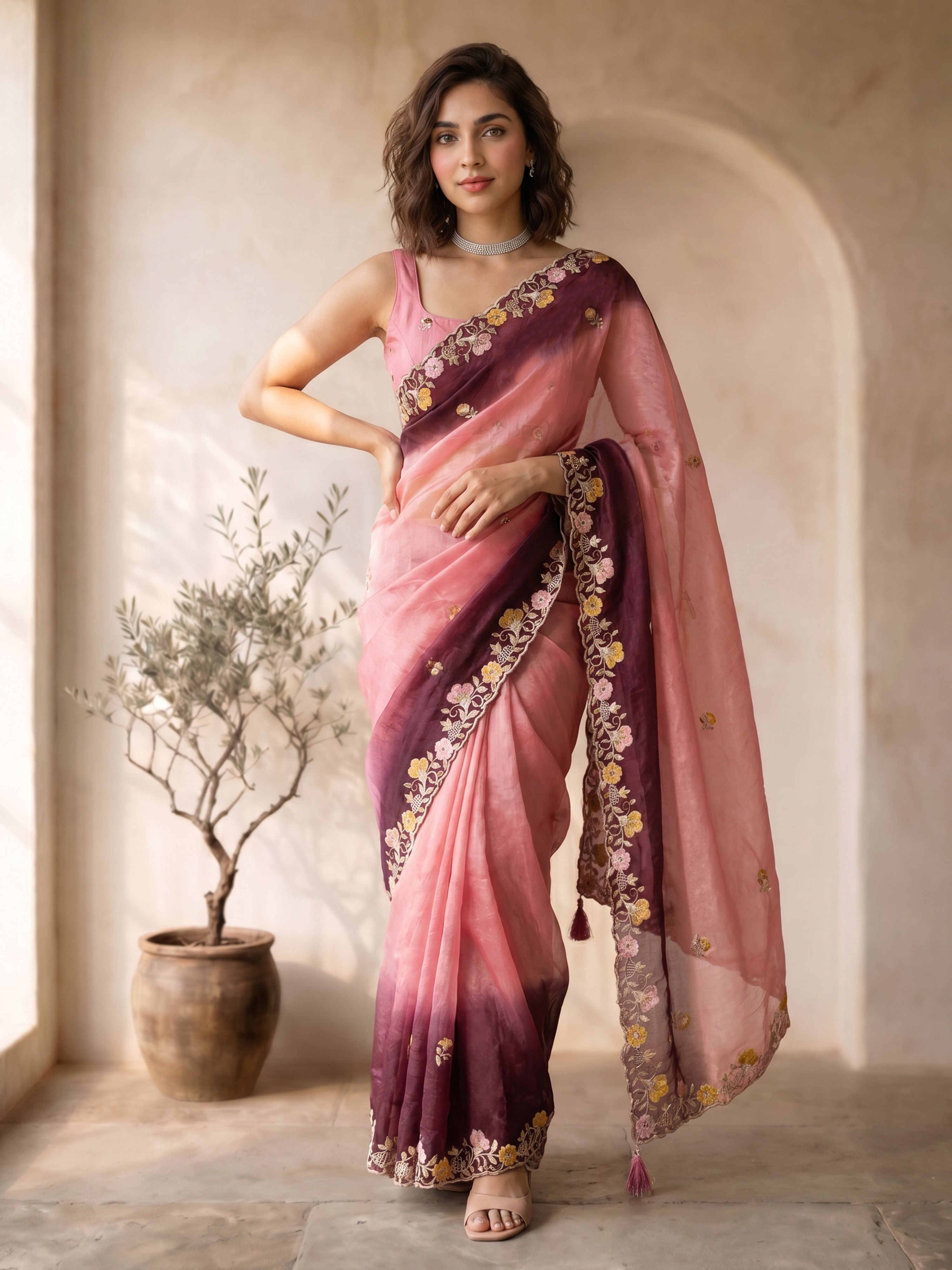 Women's Pink Organza Embroidered Saree With Unstitched Blouse Piece