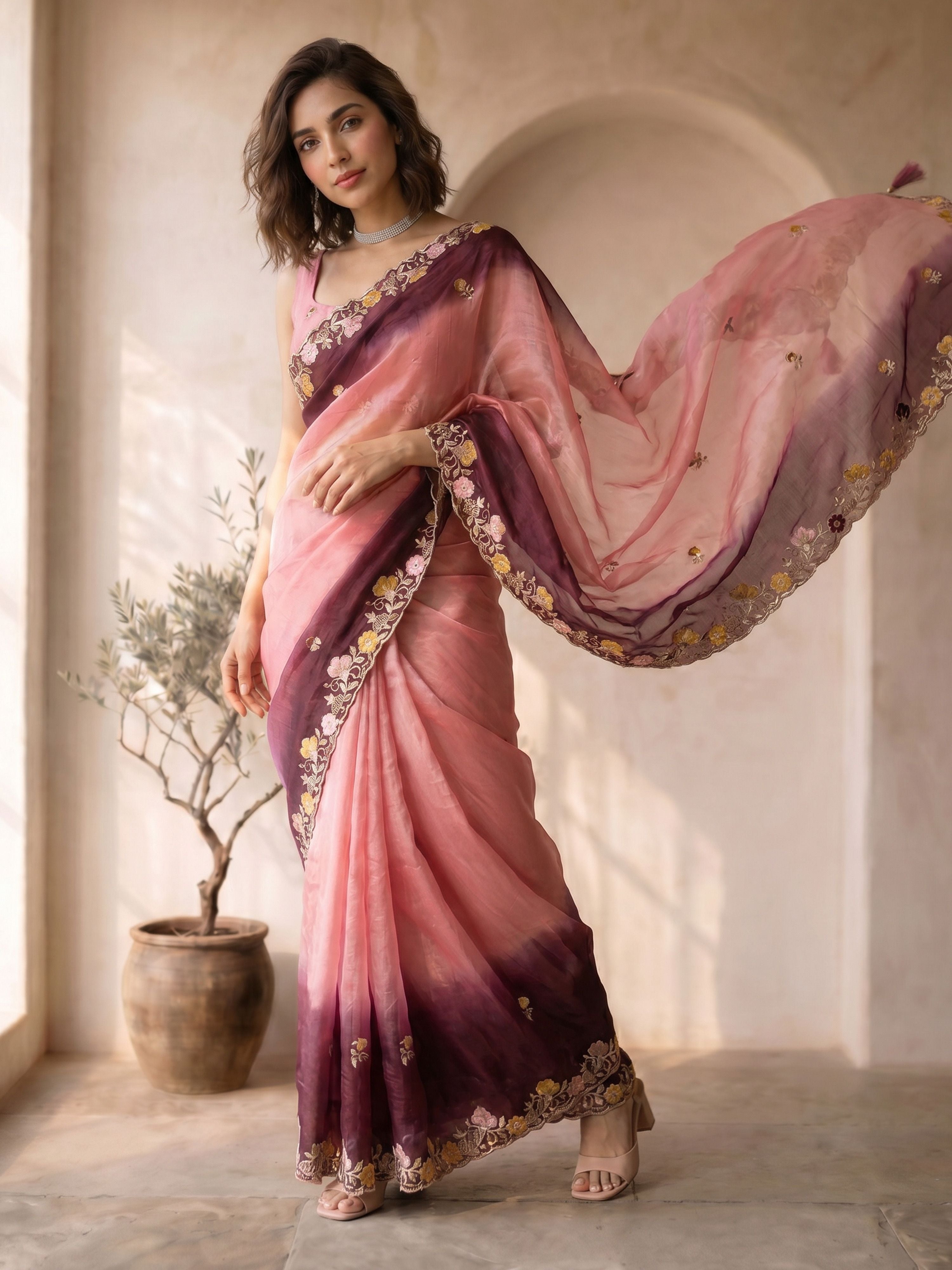 Women's Pink Organza Embroidered Saree With Unstitched Blouse Piece