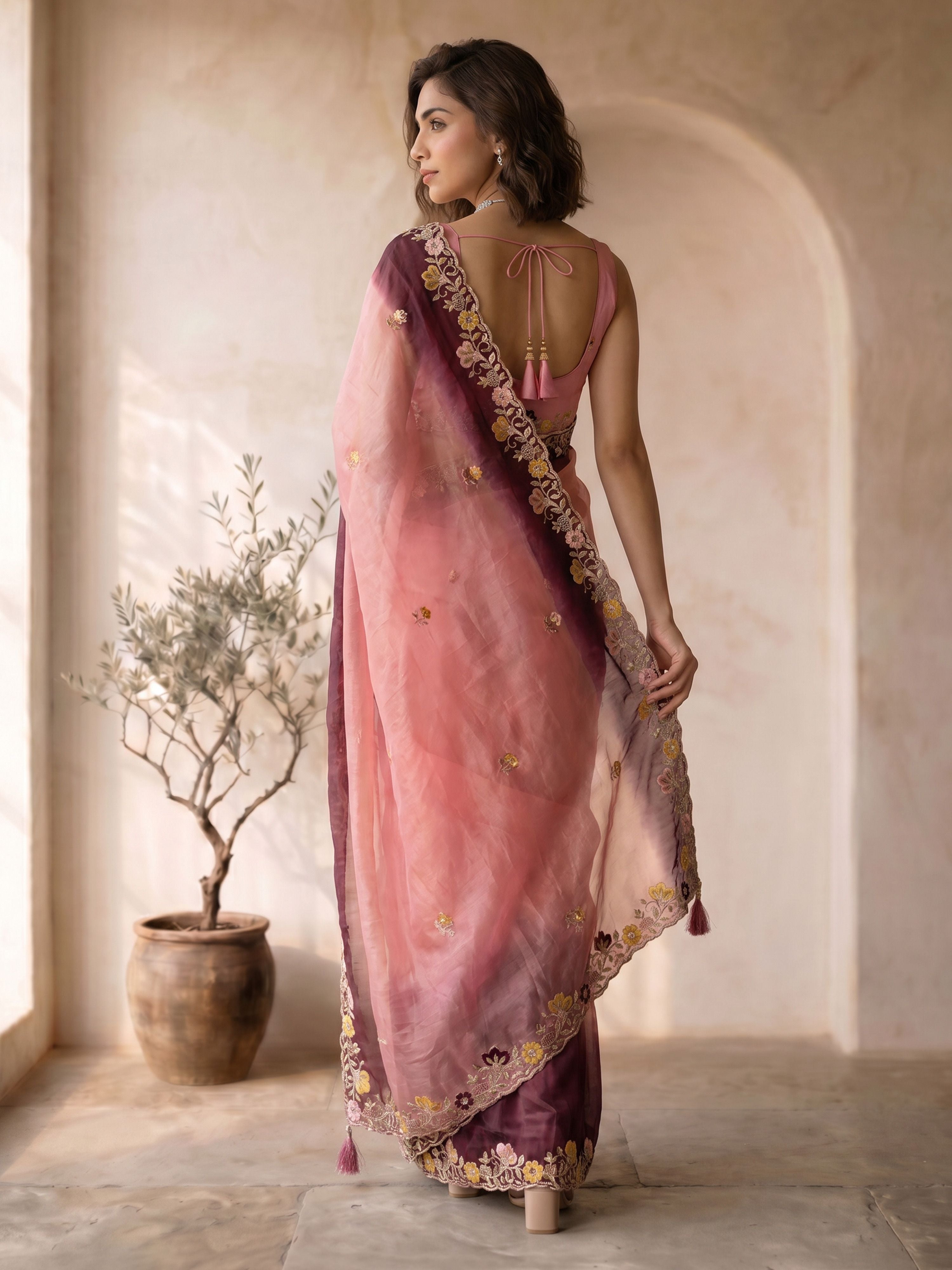 Women's Pink Organza Embroidered Saree With Unstitched Blouse Piece