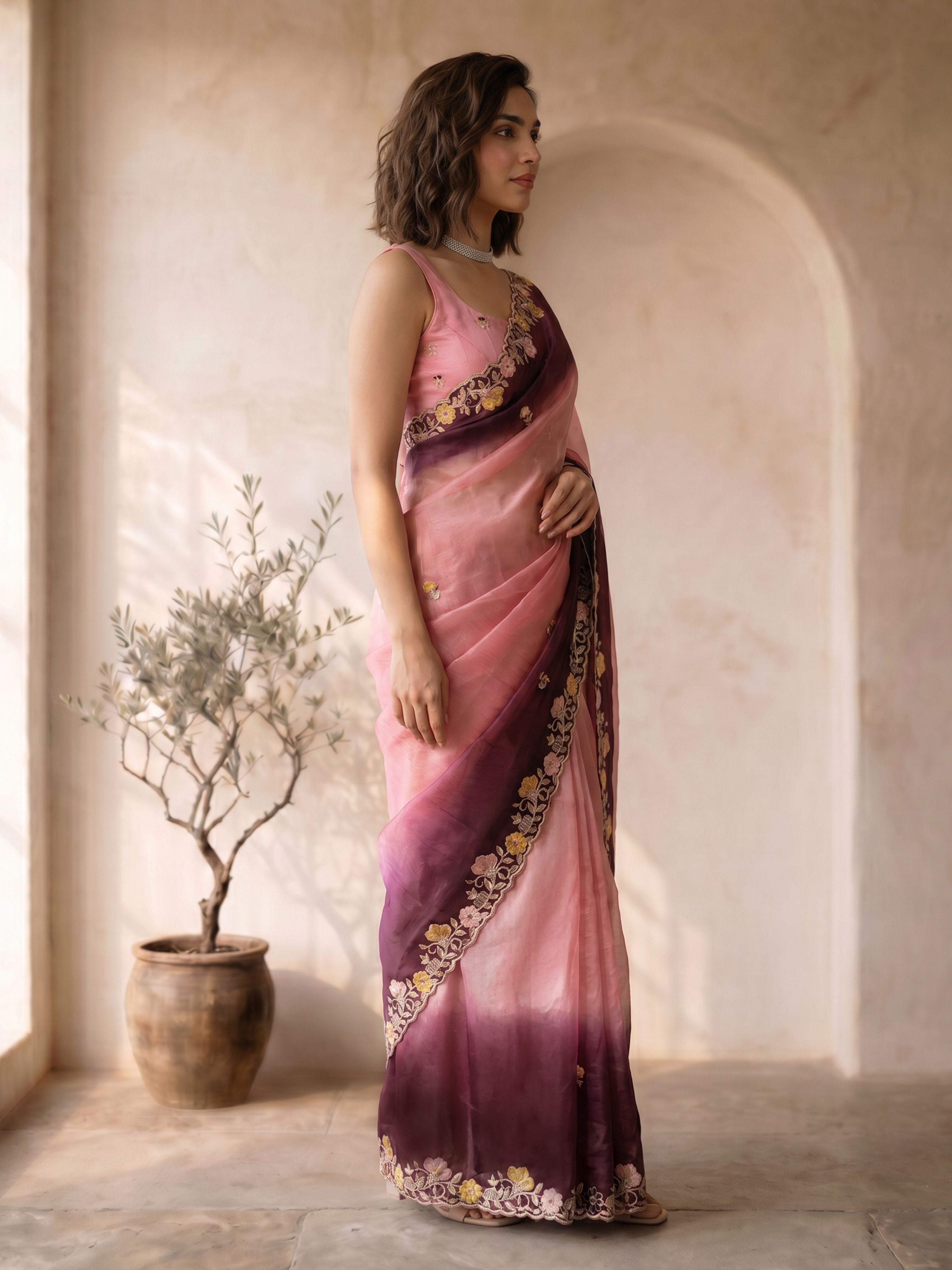 Women's Pink Organza Embroidered Saree With Unstitched Blouse Piece