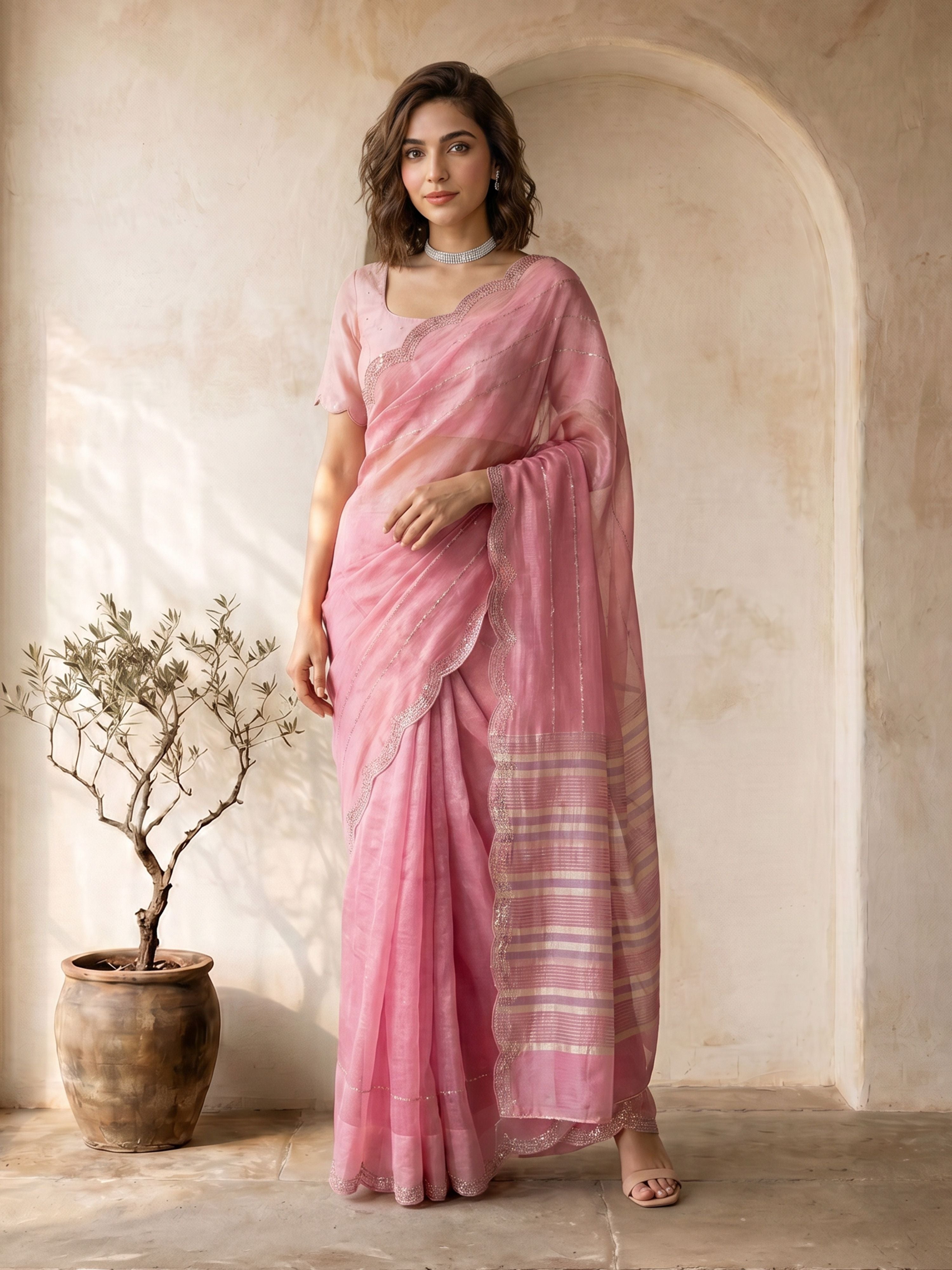 Women's Pink Organza Ethnic Motifs Saree With Unstitched Blouse Piece